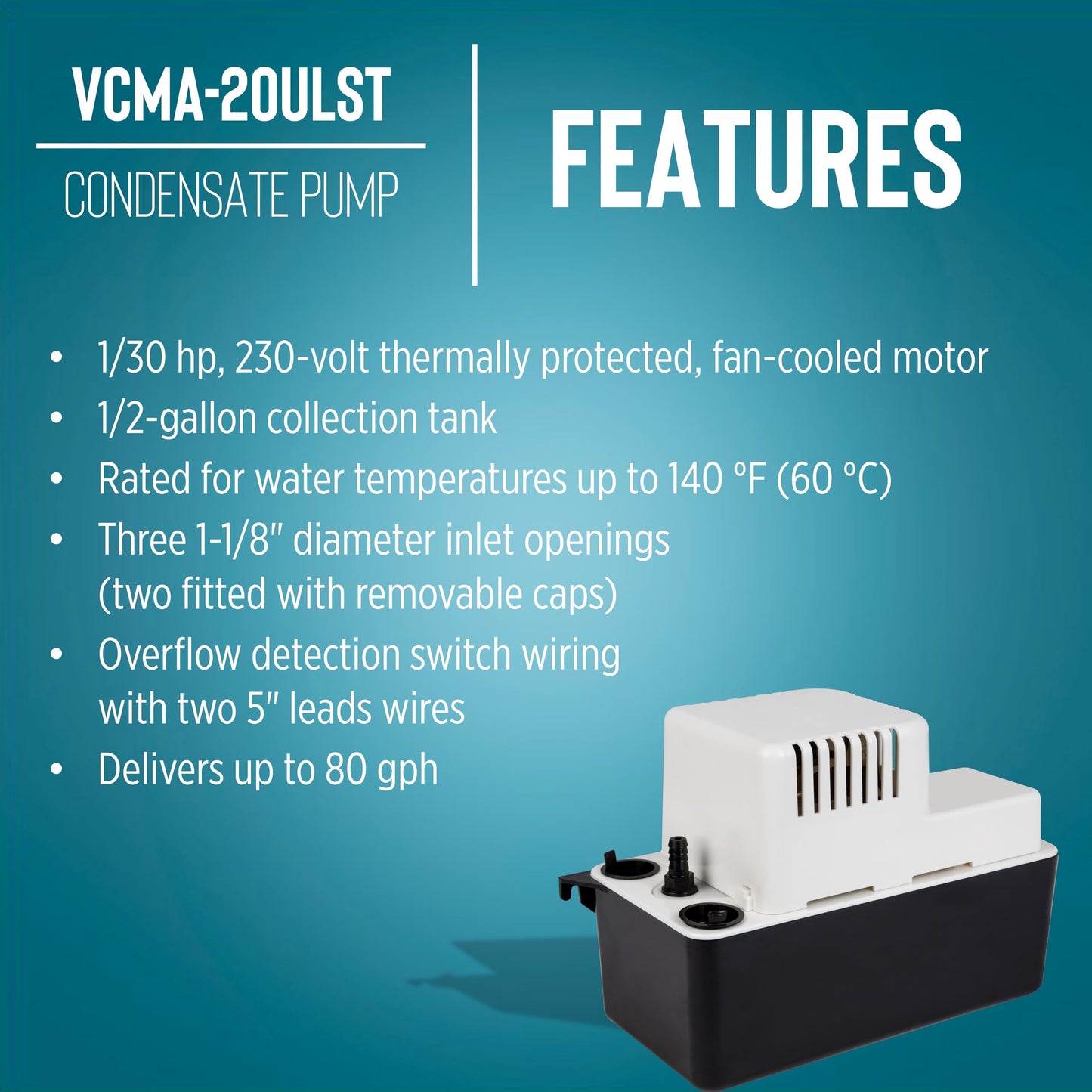 Little Giant VCMA-20ULST 230 Volt, 80 GPH, 1/30 HP Automatic Condensate Removal Pump with Safety Switch and Tubing, White/Black, 554461
