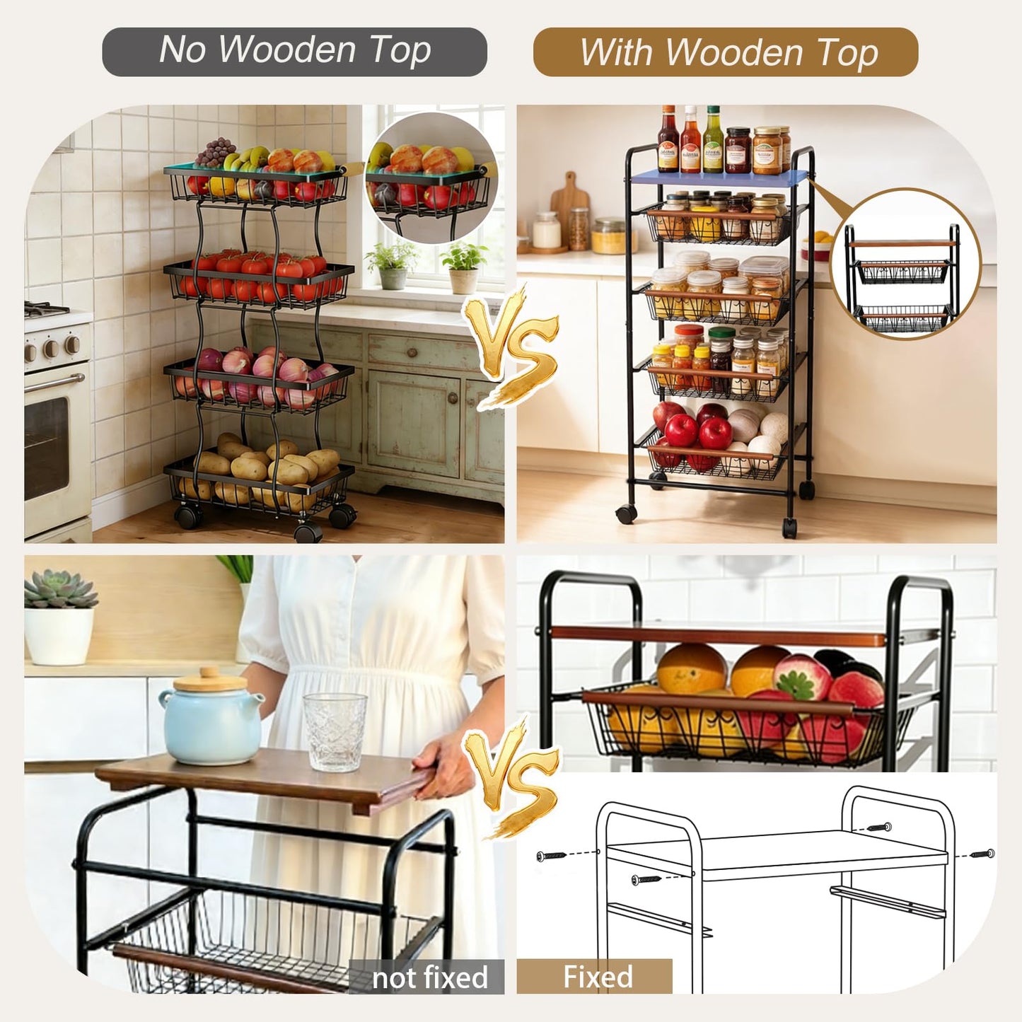 SWEETBLOOM Fruit Vegetable Storage Cart for Kitchen, 5-Tier Vegetable Stand Rack with Pull-Out Fruit Baskets, Rolling Snack Cart with Wood Top for Pantry, Living Room, Bathroom