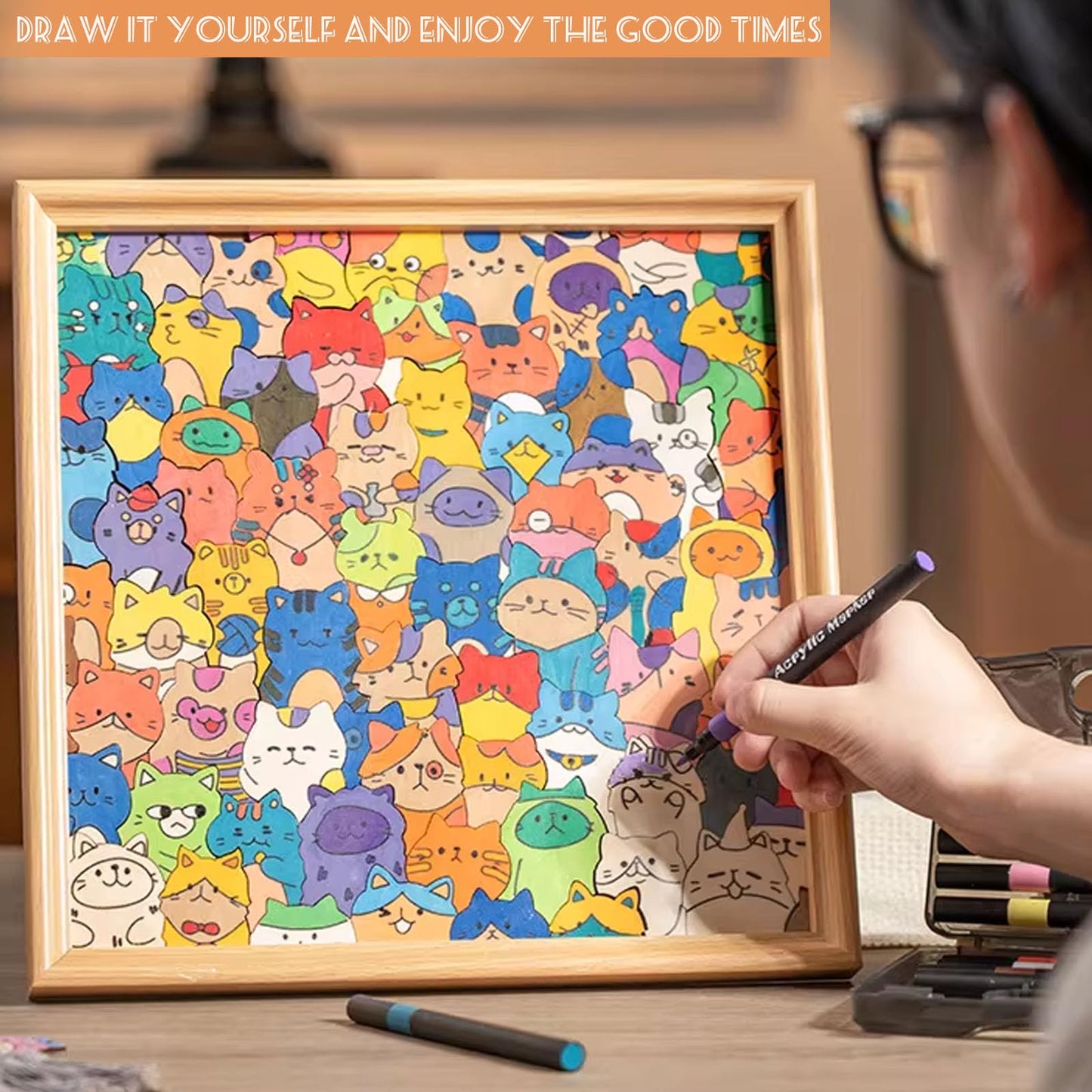 Little Kitties - Wooden Coloring Puzzle, Puzzle/Drawing/Assembly All in One, Wooden Cat Coloring Puzzle Frame, Natural Wood Grain, Equipped Marker Pen