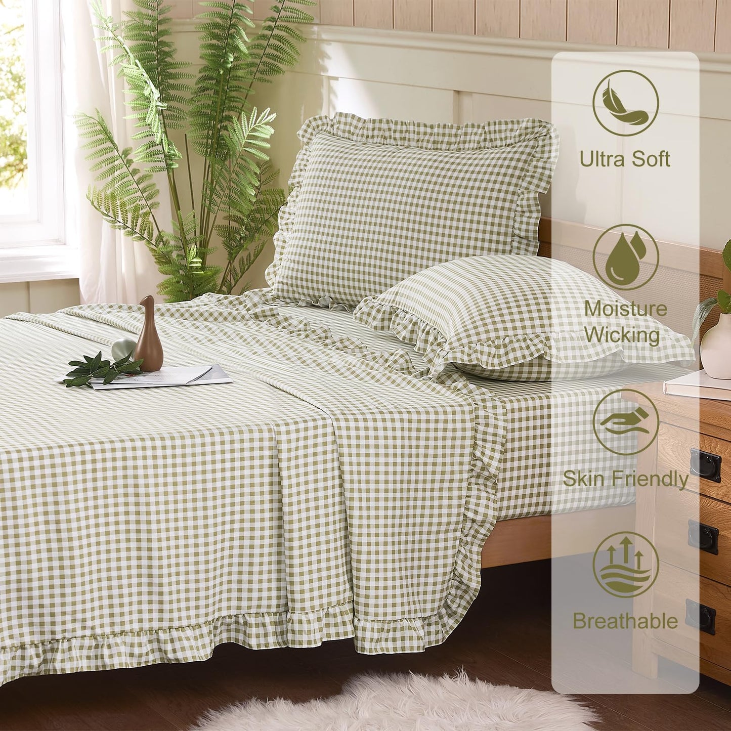 kisswish Gingham Queen Sheet Set, Lightweight Super Soft Brushed Microfiber Plaid Bed Sheets with 16" Deep Pocket, 4 Piece Ruffle Farmhouse Bedroom Decor, Sage Green
