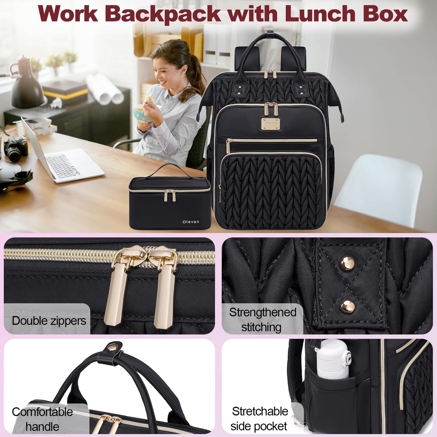 Otevan Lunch Backpack for Women,Work Backpack for Women, 15.6 inch Laptop Backpack with Lunch Bag,Teacher Nurse Insulated Lunchbox Backpack for Women, Black Upgrade, 24009