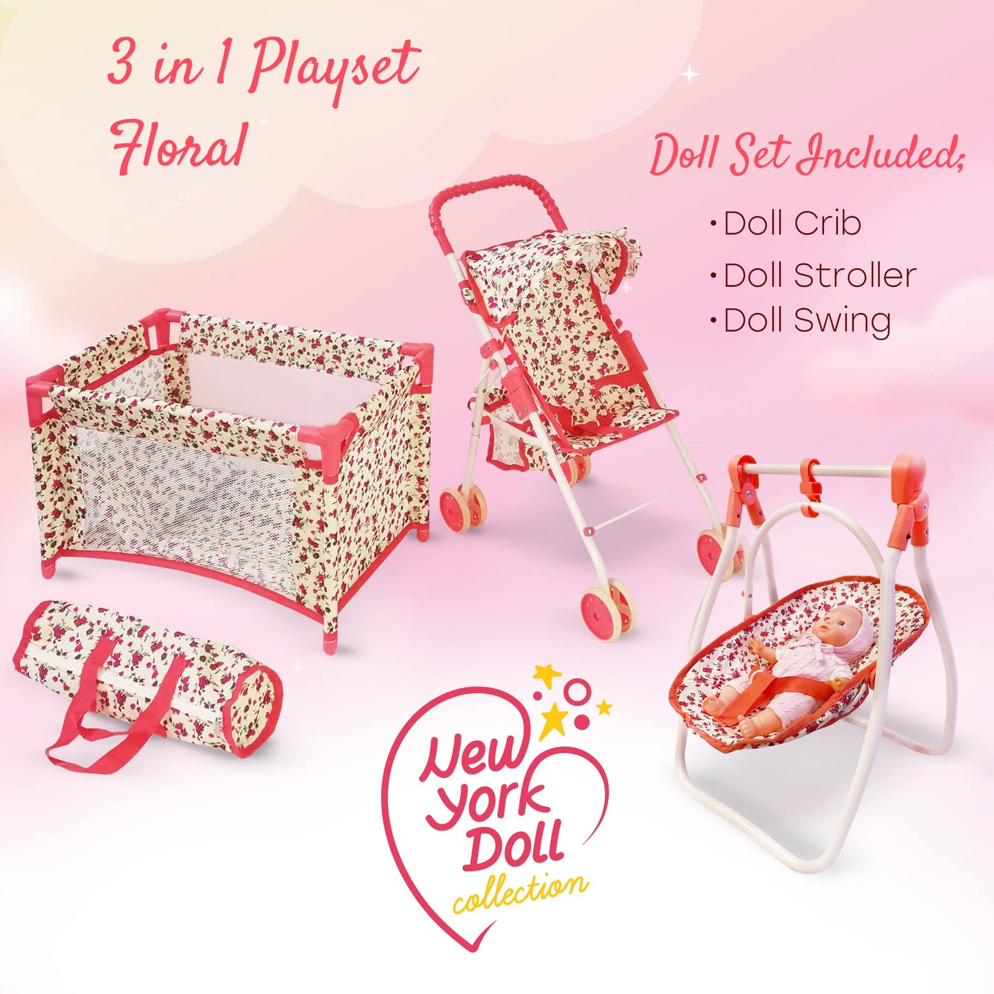 Deluxe Baby Doll Stroller and Crib Furniture Playset, Multi Baby Doll Accessories Set for 18" Dolls, Includes Doll Stroller Swing and Doll Bed Pretend Play for All Dolls - Floral