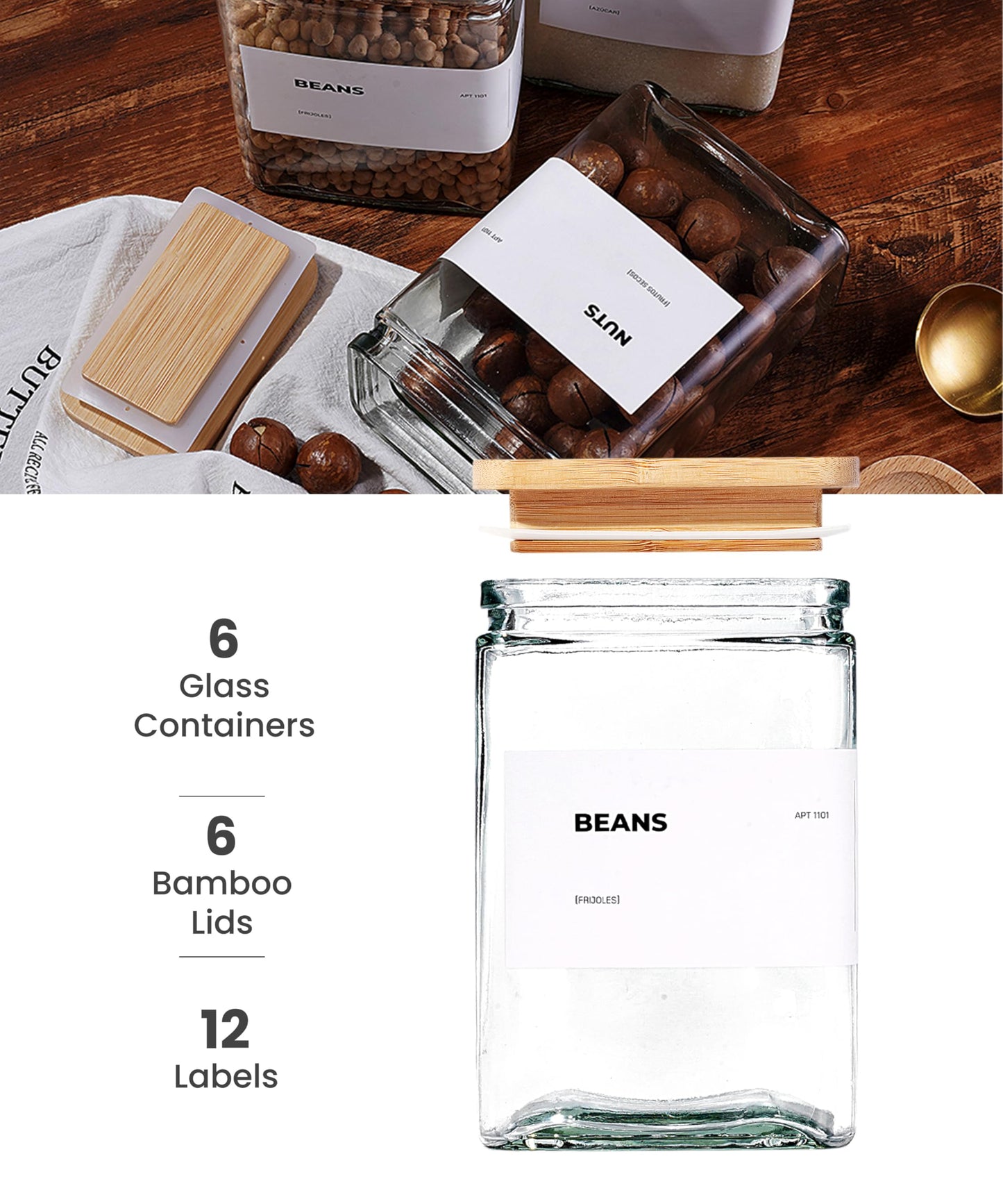 APT 1101 Glass Storage Jars with Bamboo Lid, glass canisters with airtight lids, Clear jars with lids for Spice, Cookie, Candy, Tea, Coffee Bean and Rice (White, 26 oz, Set of 6)