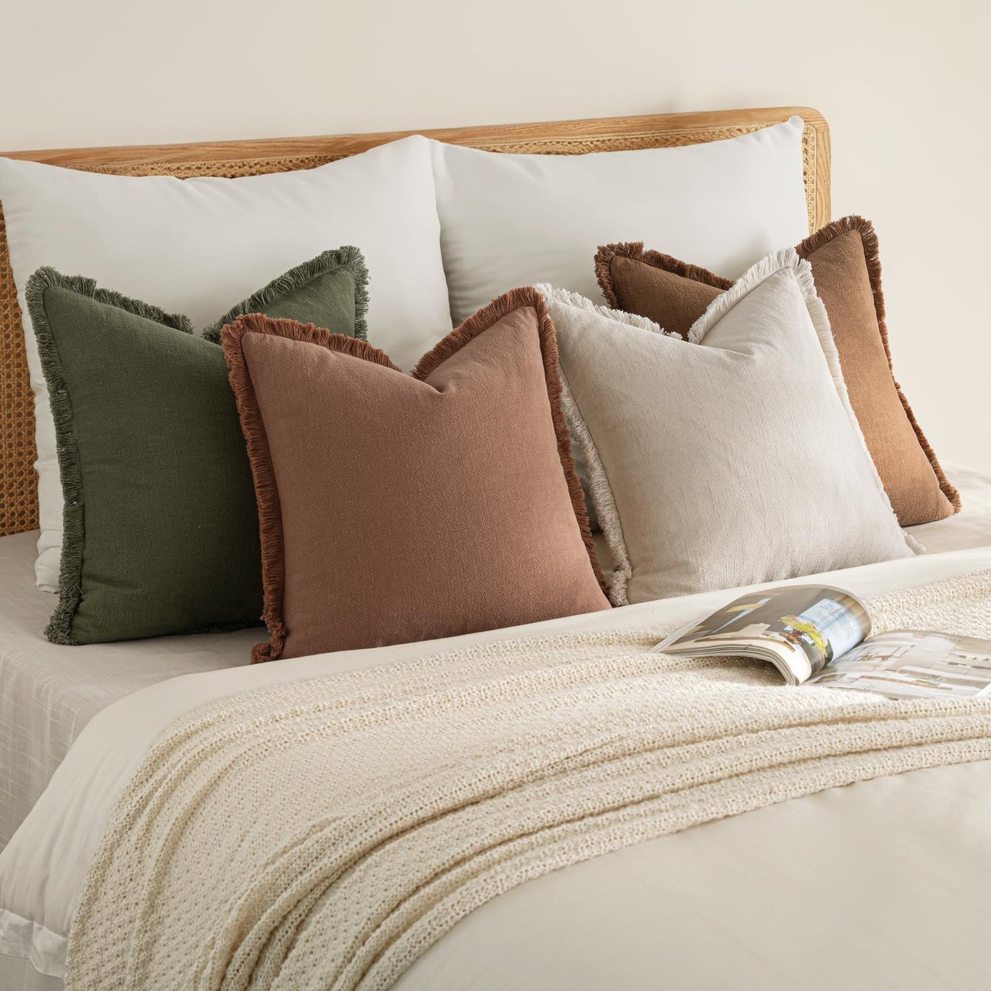 MIULEE Fall Decorative Couch Pillow Covers Neutral Linen Fringe Throw Pillows Set of 4 Soft Rustic Cushions Boho Farmhouse Pillowcases for Bed Sofa Living Room Home Decor 18x18 Inch Beige/Brown/Green