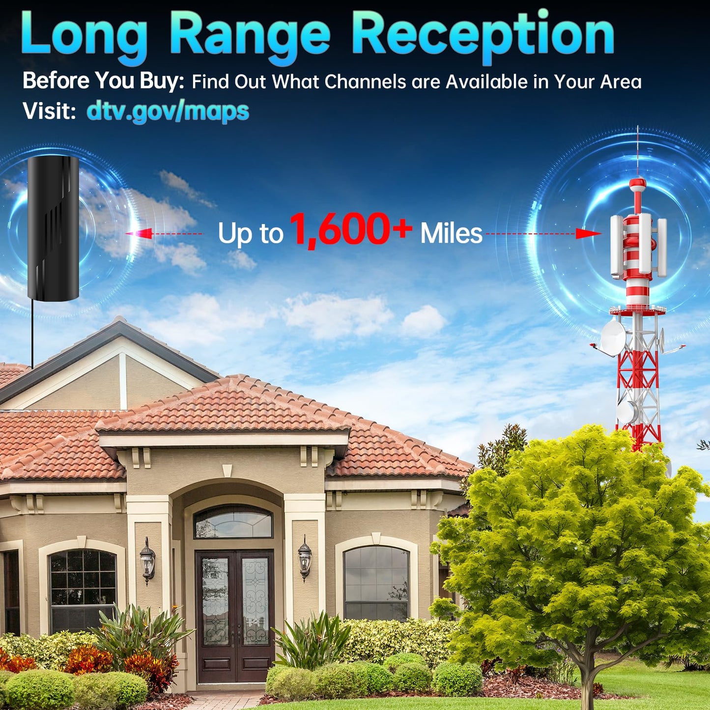 1600+ Miles Range TV Antenna Indoor, 2025 Strongest Digital TV Antenna for Smart TV and Old TVs, HD TV Antenna for Local Channels with Amplifier and Signal Booster-36ft Coax Cable-Support 8K 4K 1080p