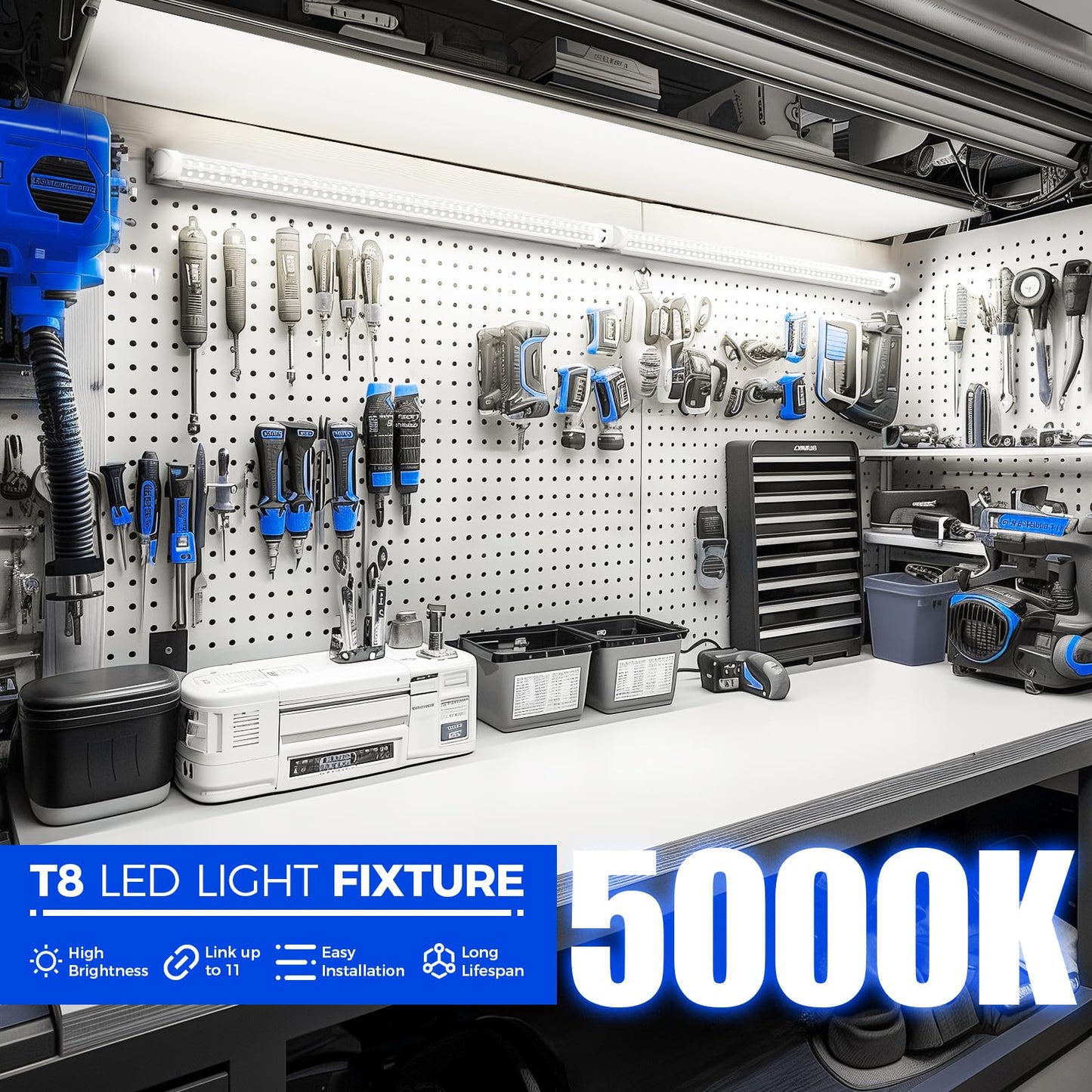 Barrina 5000K 2FT LED Shop Light, 3000LM, 20W, T8 Shop Lights for Garage, Workbench, Cabinet, Workshop, Room, LED Tube Lights, Linkable Ceiling Light Fixture with Built-in ON/Off Switch, ETL, 4 Packs