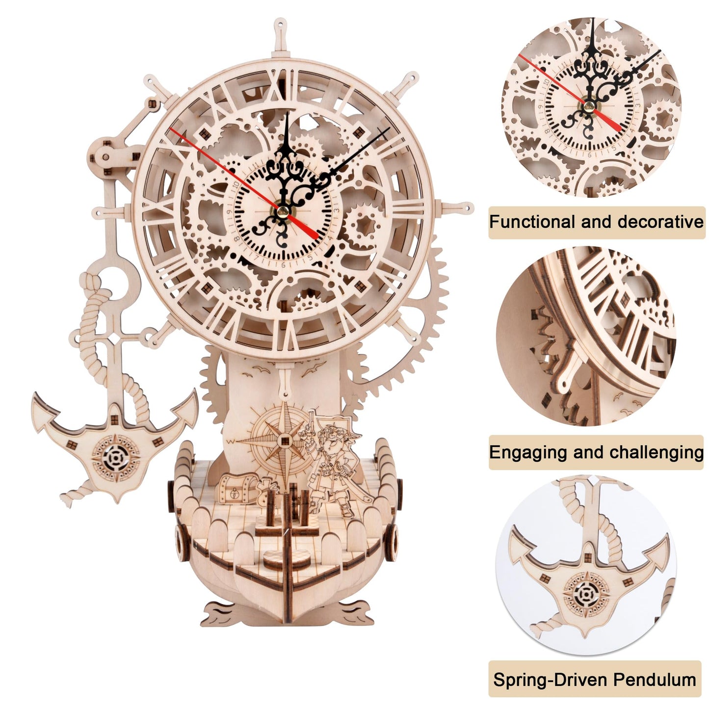 3D Wooden Puzzle Mechanical Clock – Pirate Ship DIY Model Kit for Adults & Teens, Build-Your-Own Wood Craft, Working Clock, Unique Gift & Nautical Home Decor