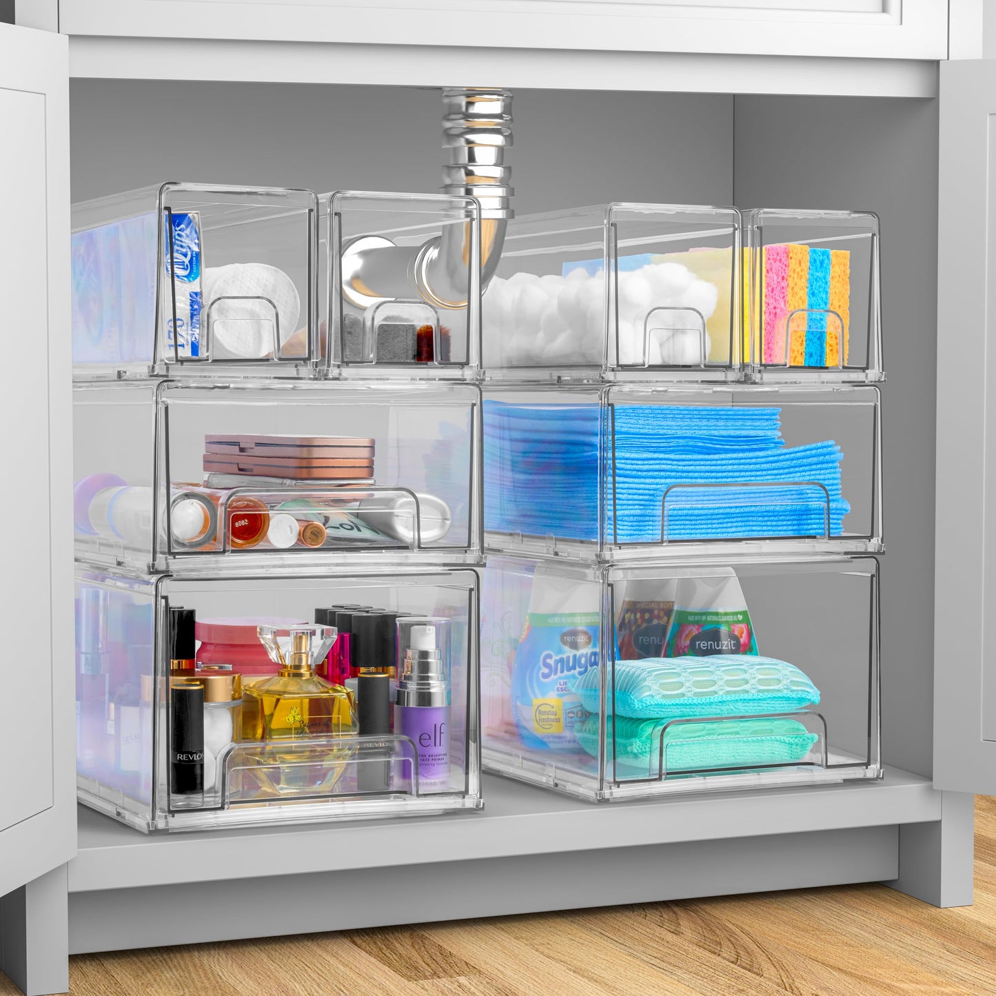 Sorbus 1 Medium & 2 Small Clear Stackable Storage Drawers – Plastic Organizer Bins with Handles – Stackable Pull-Out Storage Drawers for Closet, Pantry, Office, Bathroom, Craft, and Toy Organization