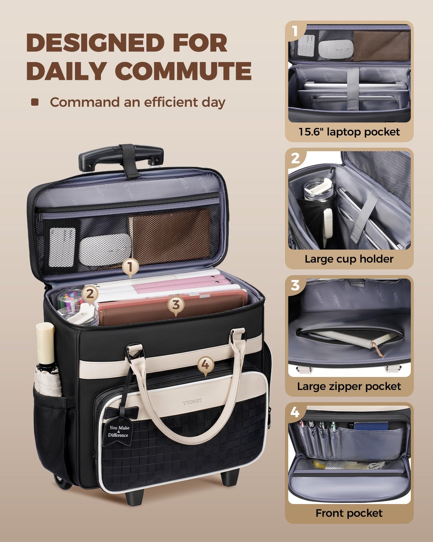 Ytonet Rolling Laptop Bag with Insulated Lunch Box, 15.6 In Rolling Briefcase for Women with Large Cup Holder, Detachable Trolley Roller Underseat Bags for Work, Office, Teacher, Travel, Black Beige