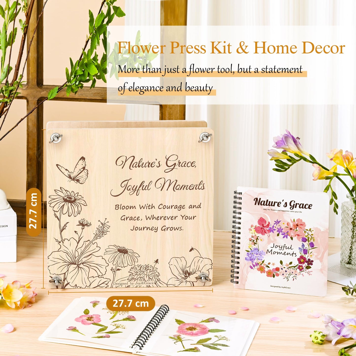 Joy&Grace Large Flower Press Kit for Adults with Designed Cover and DIY Album, 27.7 x 27.7 cm 10 Layers Plant Press and Plant Drying Toolkit, Flower Preservation Kit (Color Box, Natural Wood)