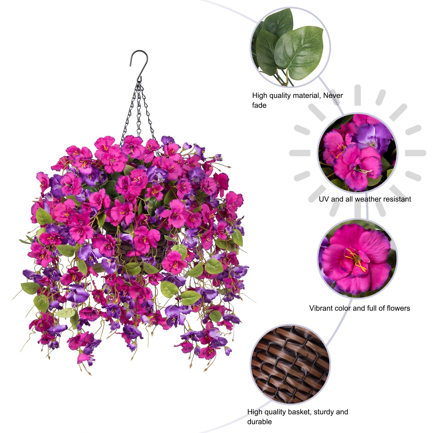 Artificial Fake Hanging Hibiscus Flowers Plants Baskets for Outdoor Outside Spring Summer Decoration, Faux Silk Hibiscus Long Vines in Planter UV Resistant Realistic Flowers (PurpleDarkPurple)