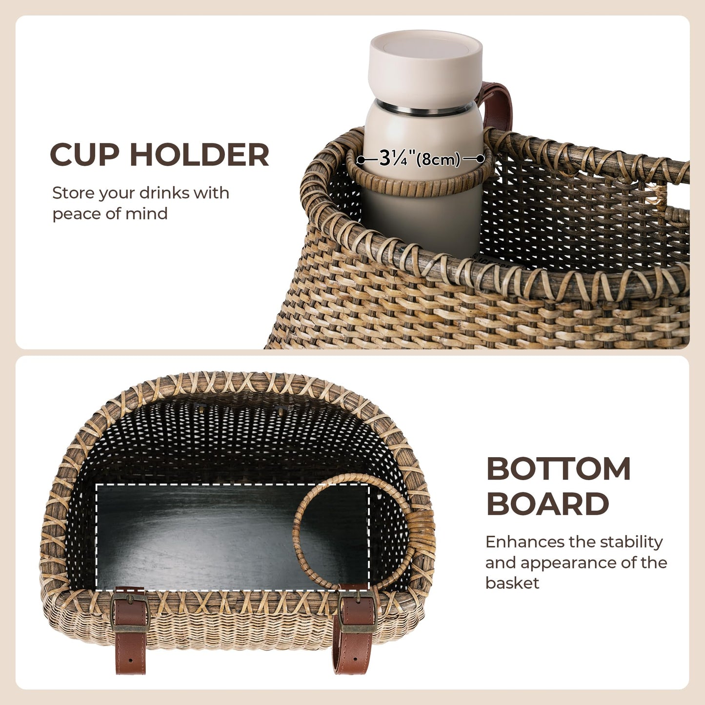 GRANNY SAYS Bike Basket Front, Natural Rattan Wicker Bike Baskets, Bicycle Basket with Cup Holder, Handmade Woven Bike Baskets for Women and Men, Storage Basket for Beach Cruisers, Ebikes Set of 1