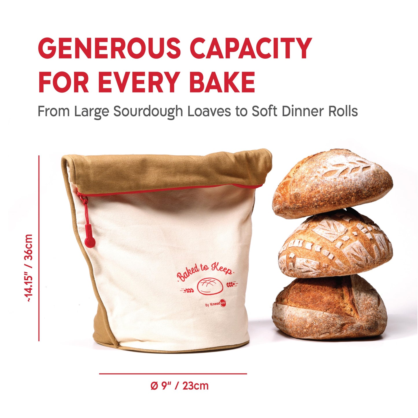 KNEADACE Bread Bags for Homemade Bread -Stylish Sourdough Bread Storage with Roll-Top Design, 100% Cotton & Food-Safe Lining, Eco-Friendly, Gift For Bakers & Home Bakers (2 Pack)