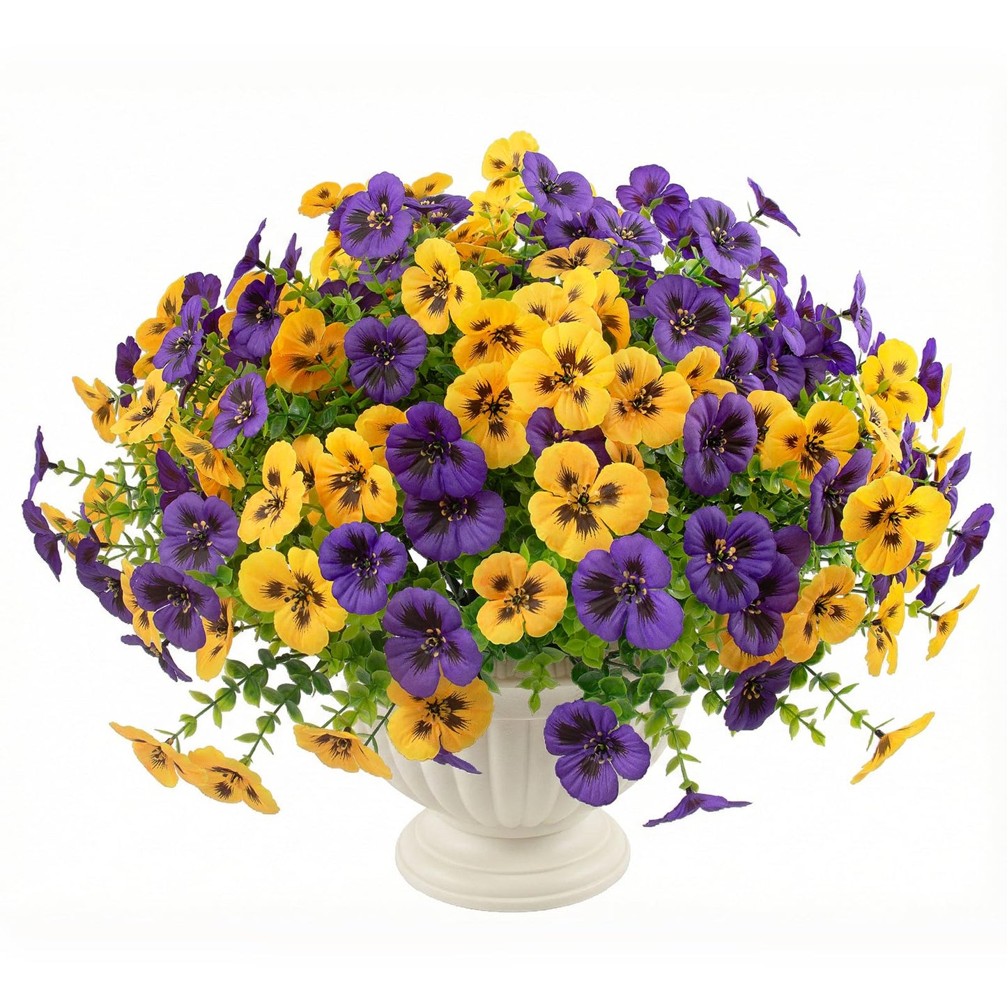 Rowfad 36 Pcs Artificial Fake Pansy Flowers for Outdoor, Faux UV Resistant Silk Pansies Flowers for Outside Planter Front Door Porch Yard Patio Window Box Home Decor (36, Yellow,Purple)