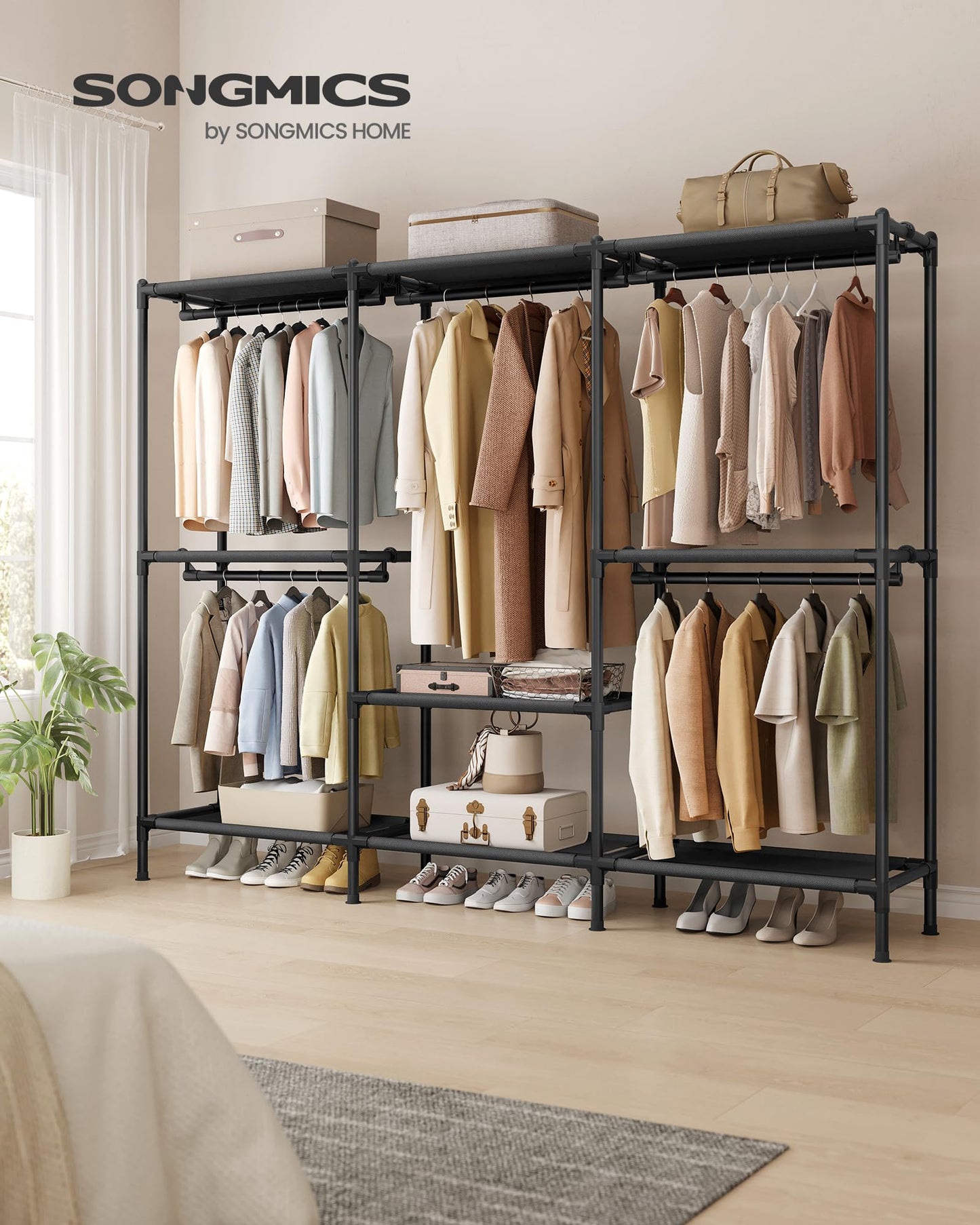 SONGMICS Clothes Rack, Portable Closet, Heavy-Duty Wardrobe Closet Organizer with Hanging Rails and Shelves, 79.9 Inches Tall, Total Load 297 lb, Easy Assembly, for Bedroom, Ink Black URDR212BZ01