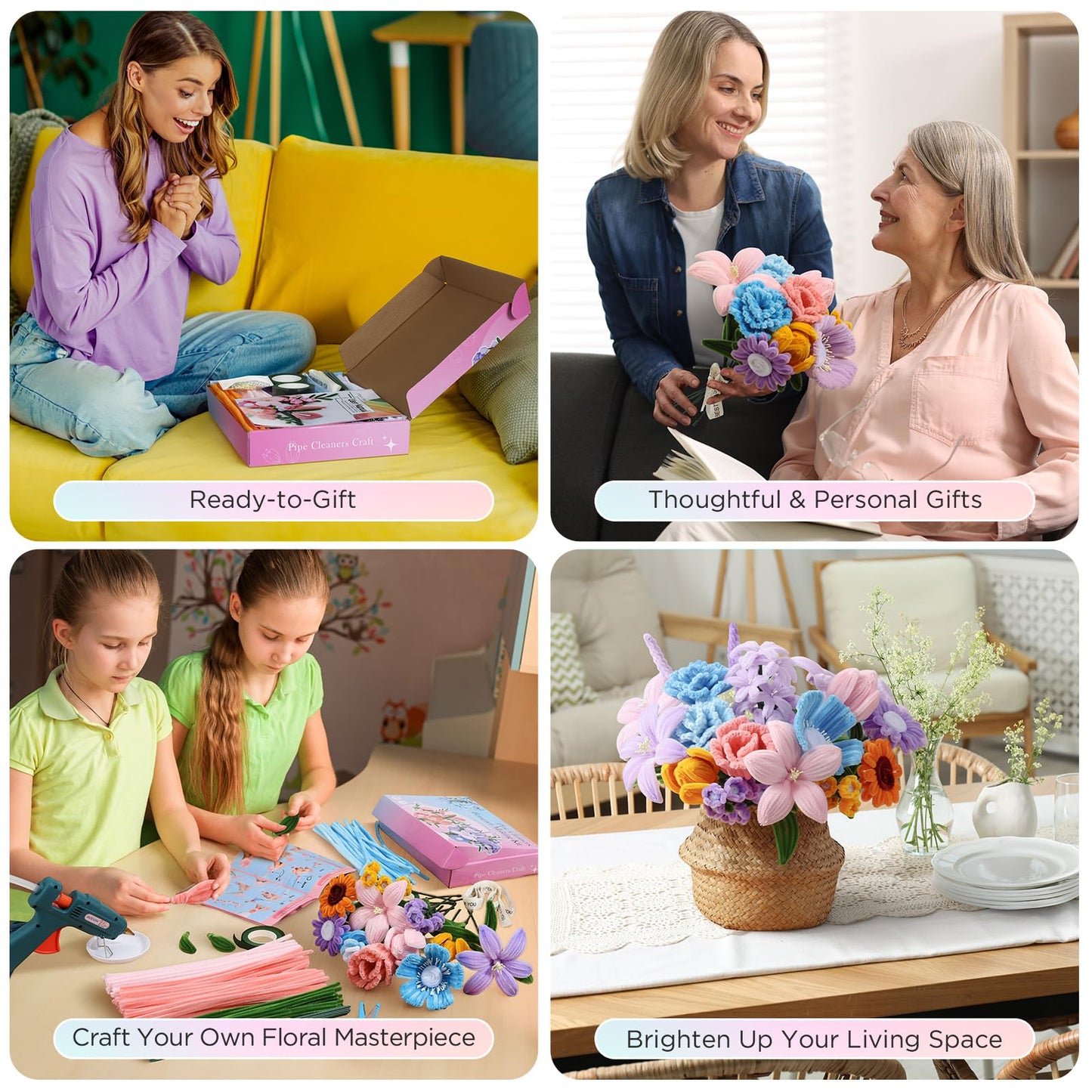 540Pcs Pipe Cleaner Flower Kit, Pipe Cleaners Craft with 15 Designs Guiding Book, Flower Making Kit with Chenille Stems & Floral Wires, Mothers Day Birthday Gift for Mom Women Her (Multicolor, 30cm x 7mm)