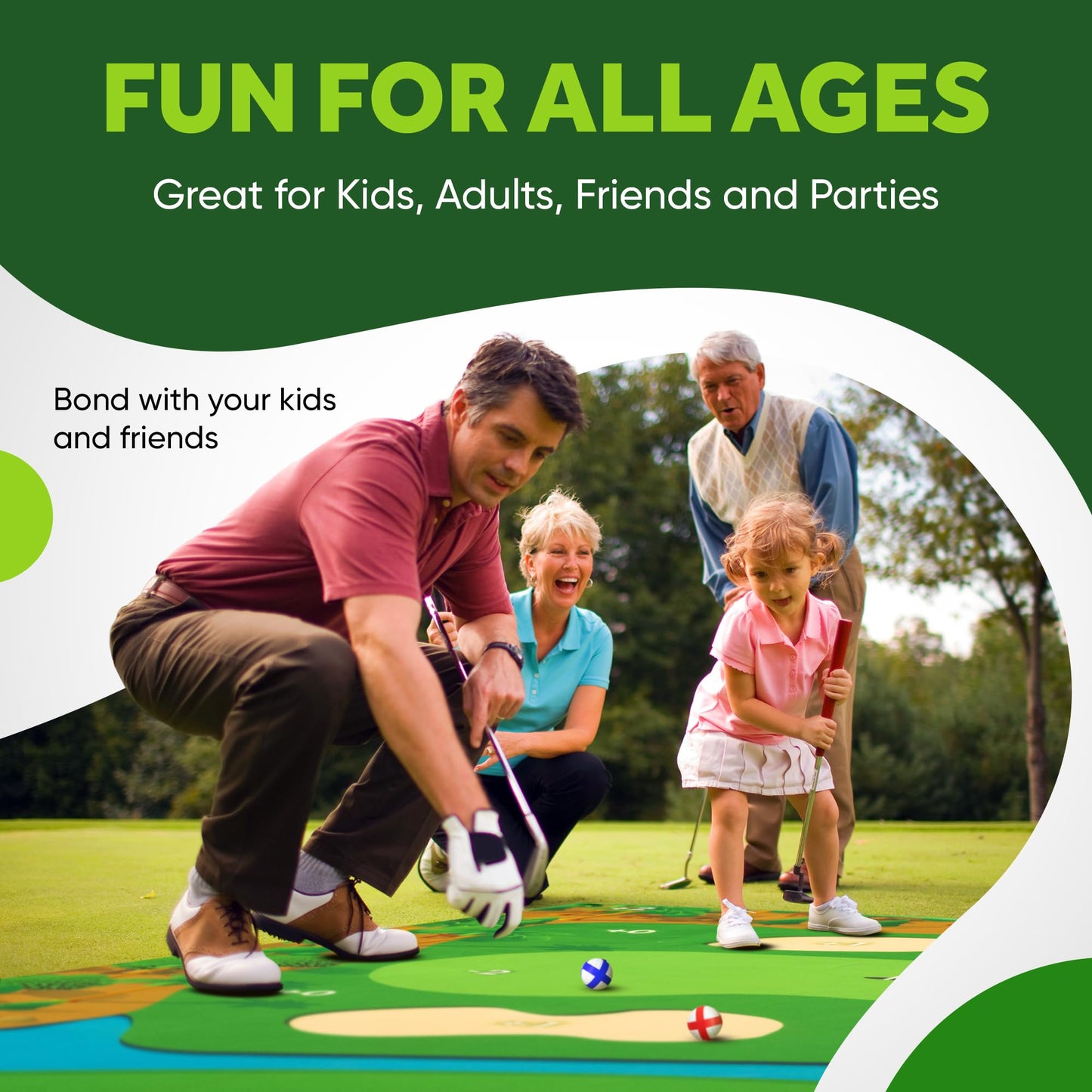 Battle Golf Game - Dual-Sided Golf Mat, Realistic Golf Course Design & Scoring System, Adjustable Height Clubs - Thick Grass-Like Golf Mat for Indoor/Outdoor Family Golf Activity (2 Clubs, 36 Balls)