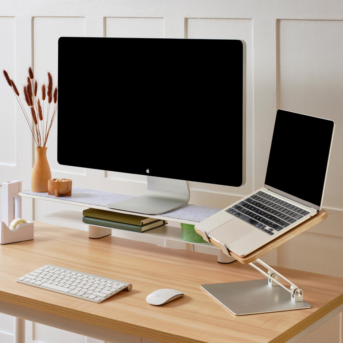 Branch Monitor Stand - Elegant, Durable Powder-Coated Steel Stand with Soft Felt Liner - Large Monitor Riser Second Tier Storage - Installs with a Universal Clamp for Ergonomic Workspace - White