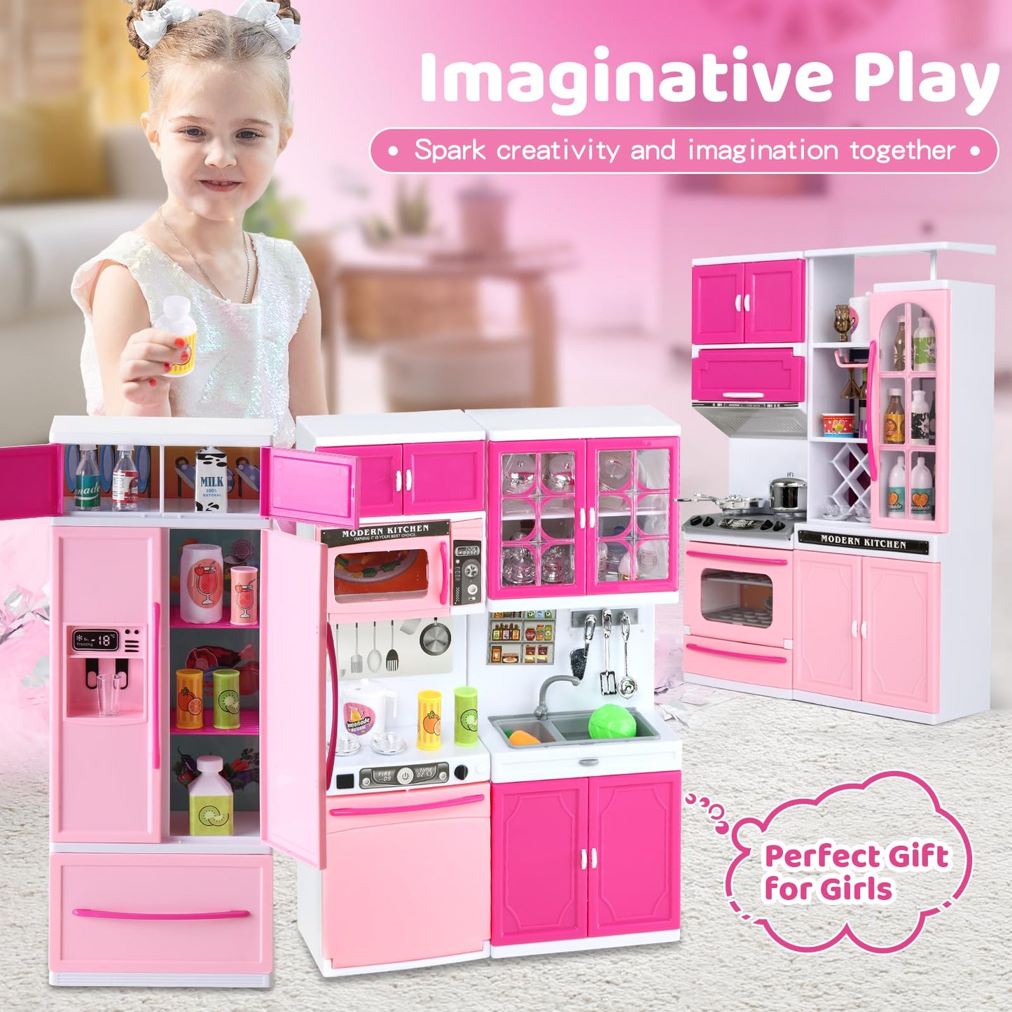 SOCBTNSO 64 PCS Pink Kitchen Toys with Lights Sounds|Mini Kitchen House Furniture Sets for Kids Ages 4-8|Doll Playset Toys for Toddlers 3-5|Birthday Gifts for 3 4 5 6 7 8 Old Girls