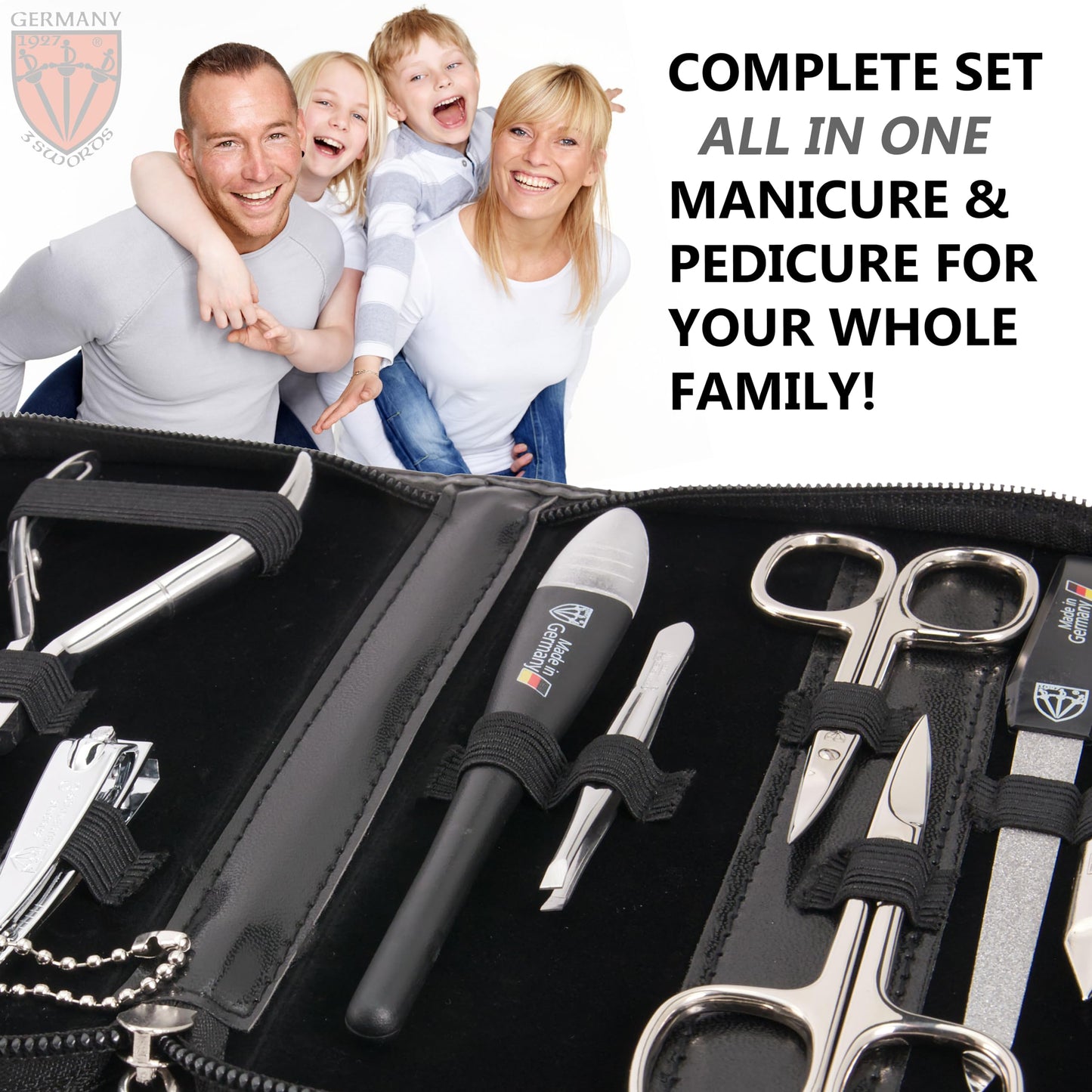 3 Swords Germany - brand quality 10 piece manicure pedicure grooming kit set for professional finger & toe nail care scissors clipper fashion leather case in gift box, Made by 3 Swords (00286)