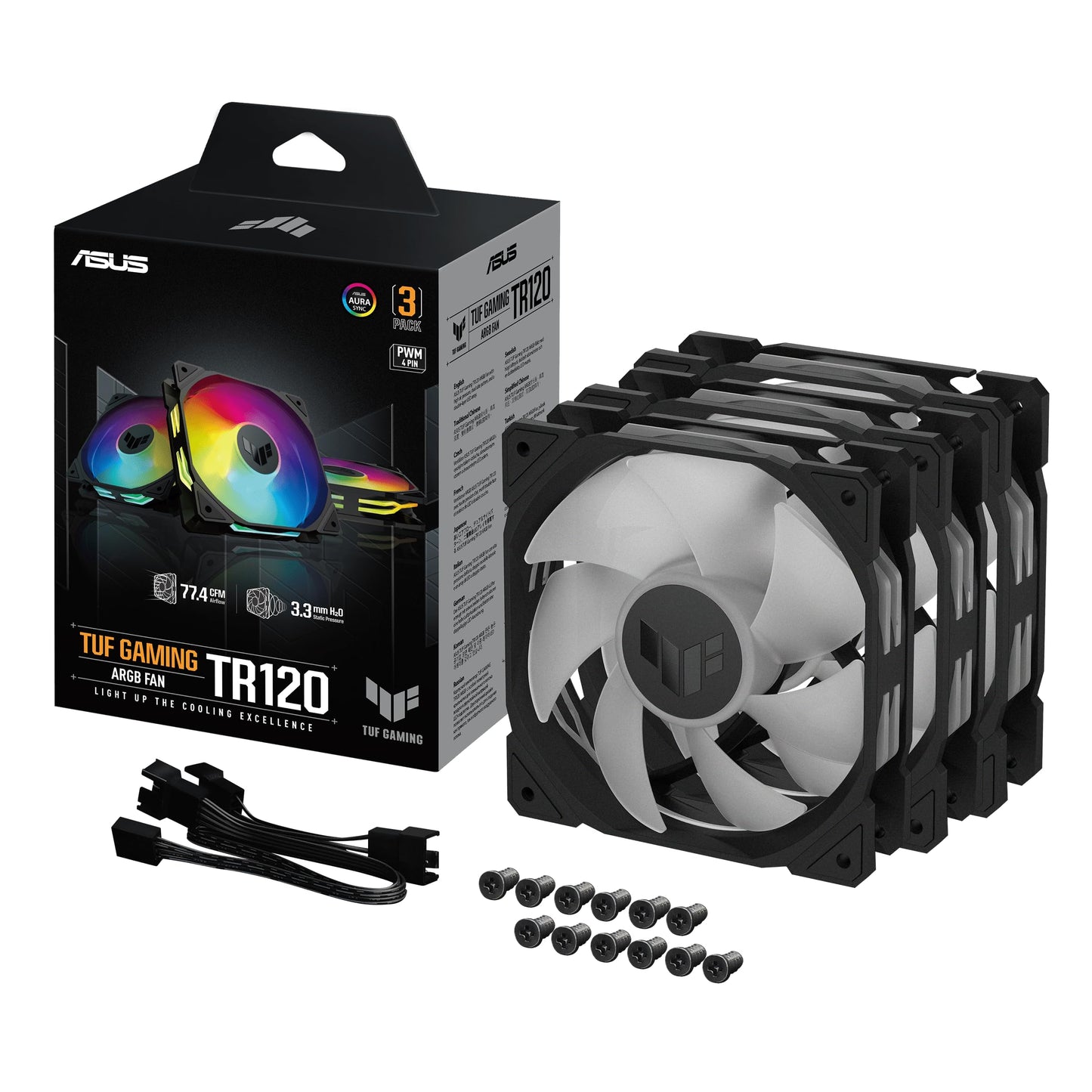 ASUS TUF Gaming TR120 ARGB Fan - Black - Triple Pack Higher Cooling Performance Extra-Thick 28mm Fan Frame, Exclusive Double-Layered LED Matrix Design with 16 Addressable RGB LEDs, Aura Sync