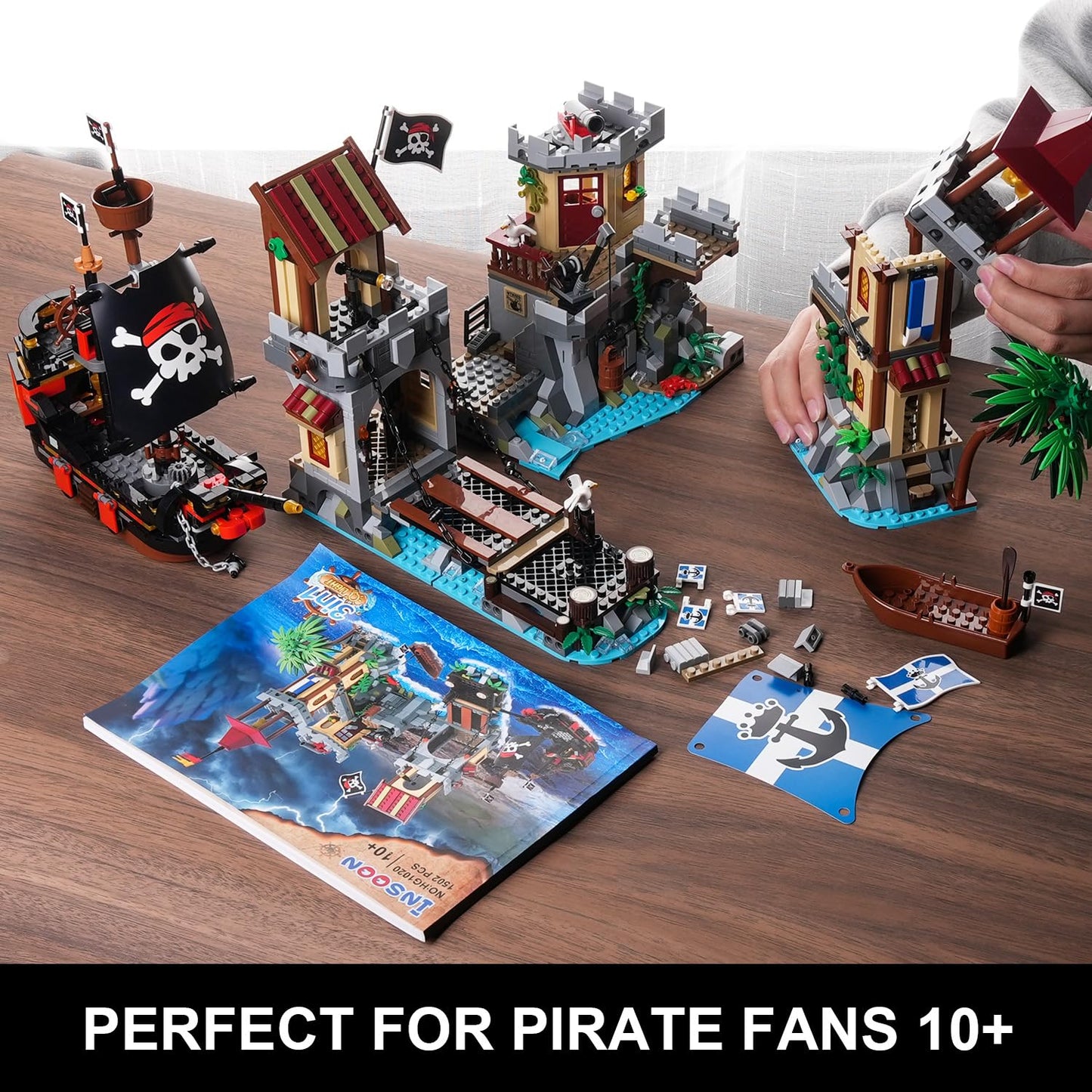 INSOON Pirate Castle Building Set with Light, 3 Modes Big Pirates Ship Bay Building Block 1502 PCS, Medieval Pirate Wharf House Construction Model Toy Home Decor for Adults Teens Boys Girls 10+
