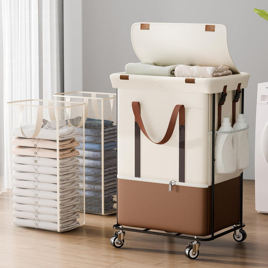 Double Laundry Hamper with Lid, Rolling Laundry Basket with Wheels and 2 Removable 75L Bags, 2 Section Large Capacity for Laundry Bedroom Bathroom Dorm, Easy Move & Organize,150L White