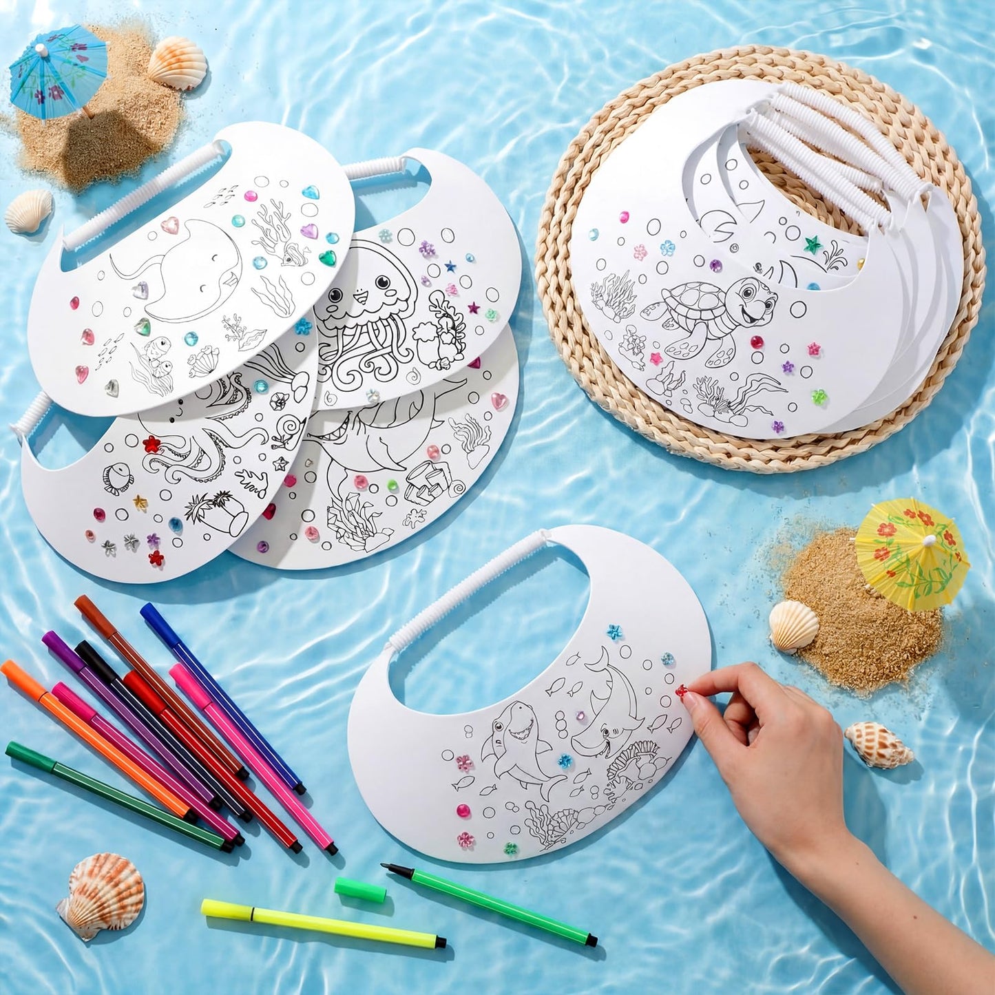 Bonuci 24 Pcs Summer Adjustable Foam Visors Bulk DIY Themed Sun Foam Visors with Markers Rhinestone Stickers Funny Elastic Summer Sun Hat for Crafts Outdoor Sports Party Camping Trips
