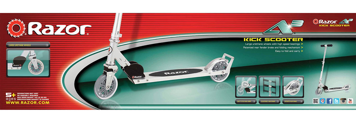 Razor A3 Kick Scooter for Kids - Larger Wheels, Front Suspension, Wheelie Bar, Lightweight, Foldable, and Adjustable Handlebars