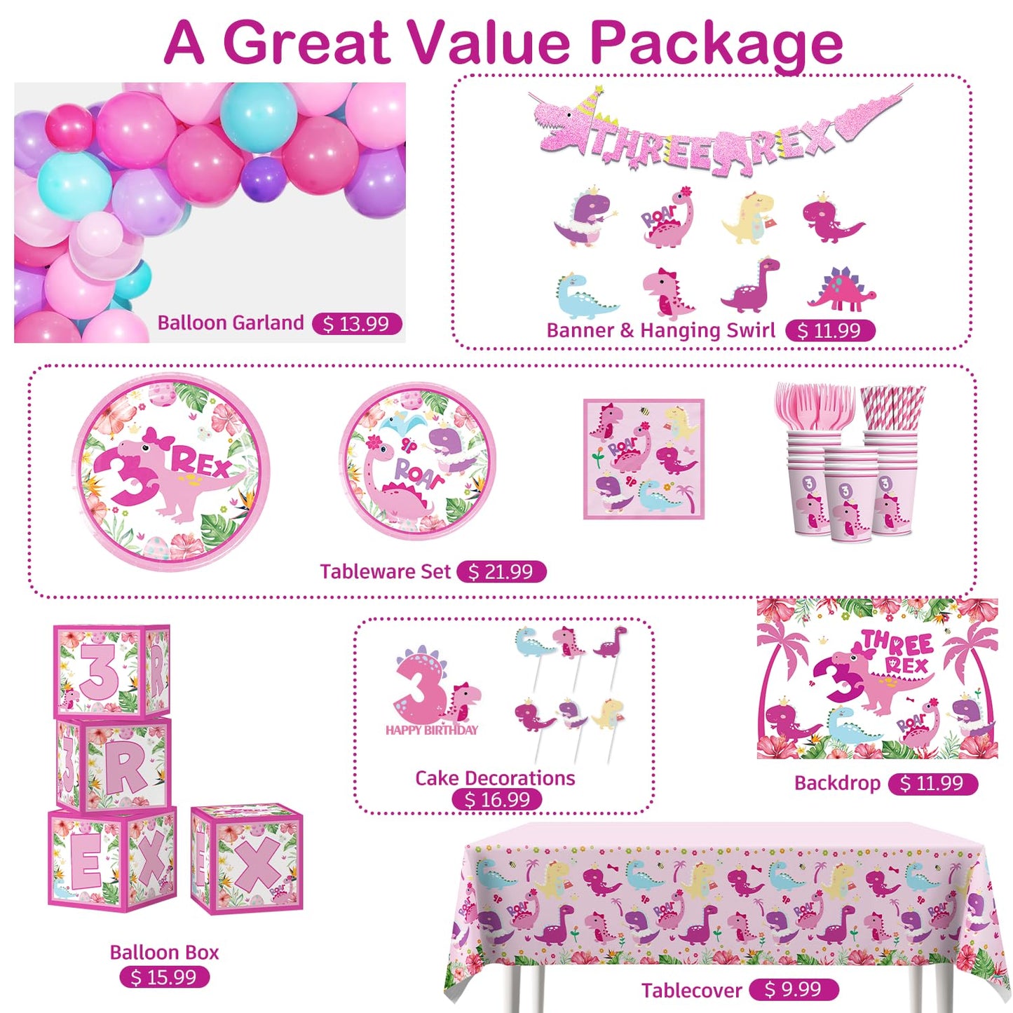 314Pcs Three Rex Birthday Decorations Serves 25 Guests, All-in-One Pink Dinosaur Birthday Decorations Includes Balloon Arch Kit, Banner, Plates, Balloons Box, Tablecloth, Cake Topper