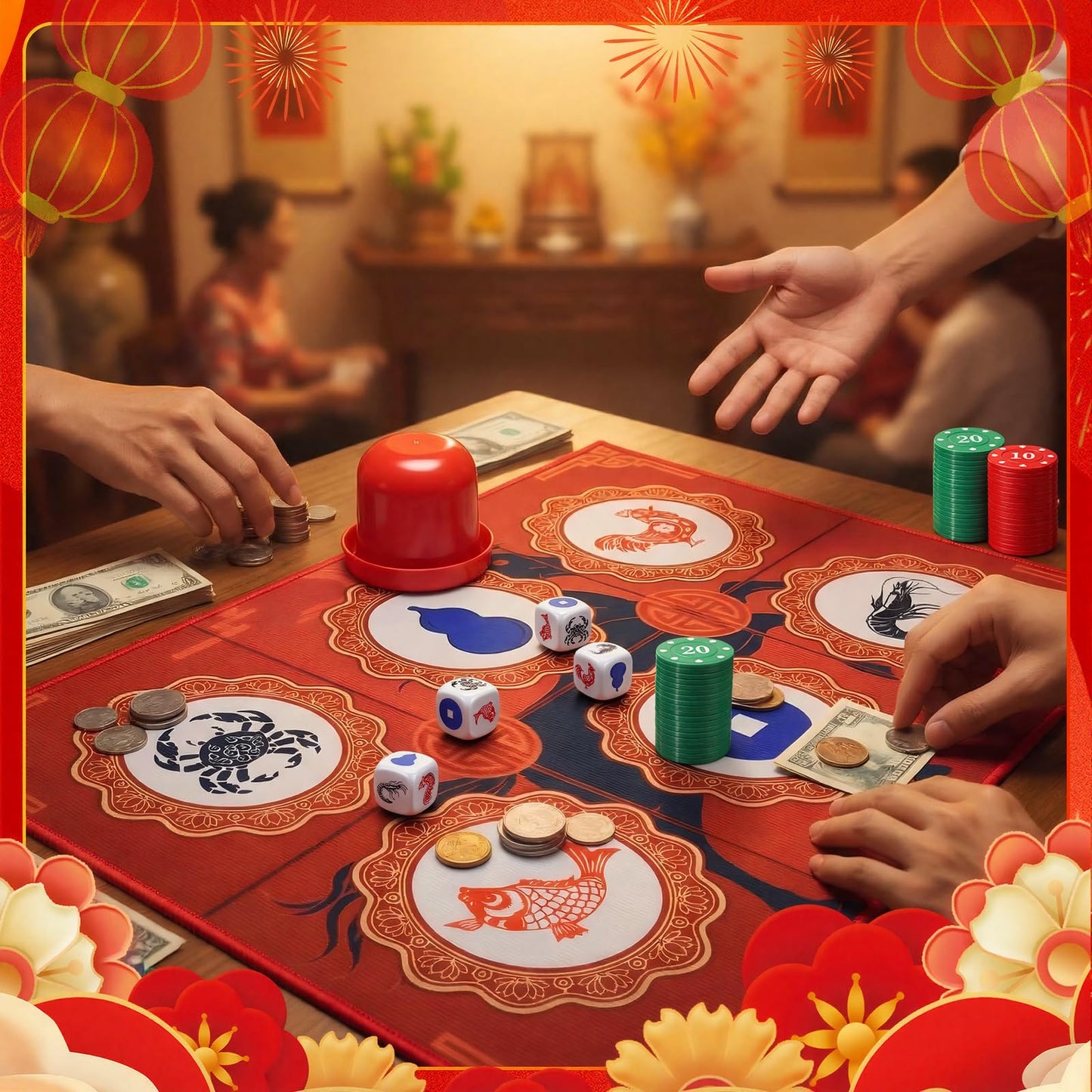 Teyva Daily BAU Cua Dice Game Set - Year of The Horse 2026 Edition with Mat, Dice, Casino Chips, Red Shaker & Gift Box for Adult Lunar New Year, Gatherings, Celebrations Gift for Vietnamese Friend