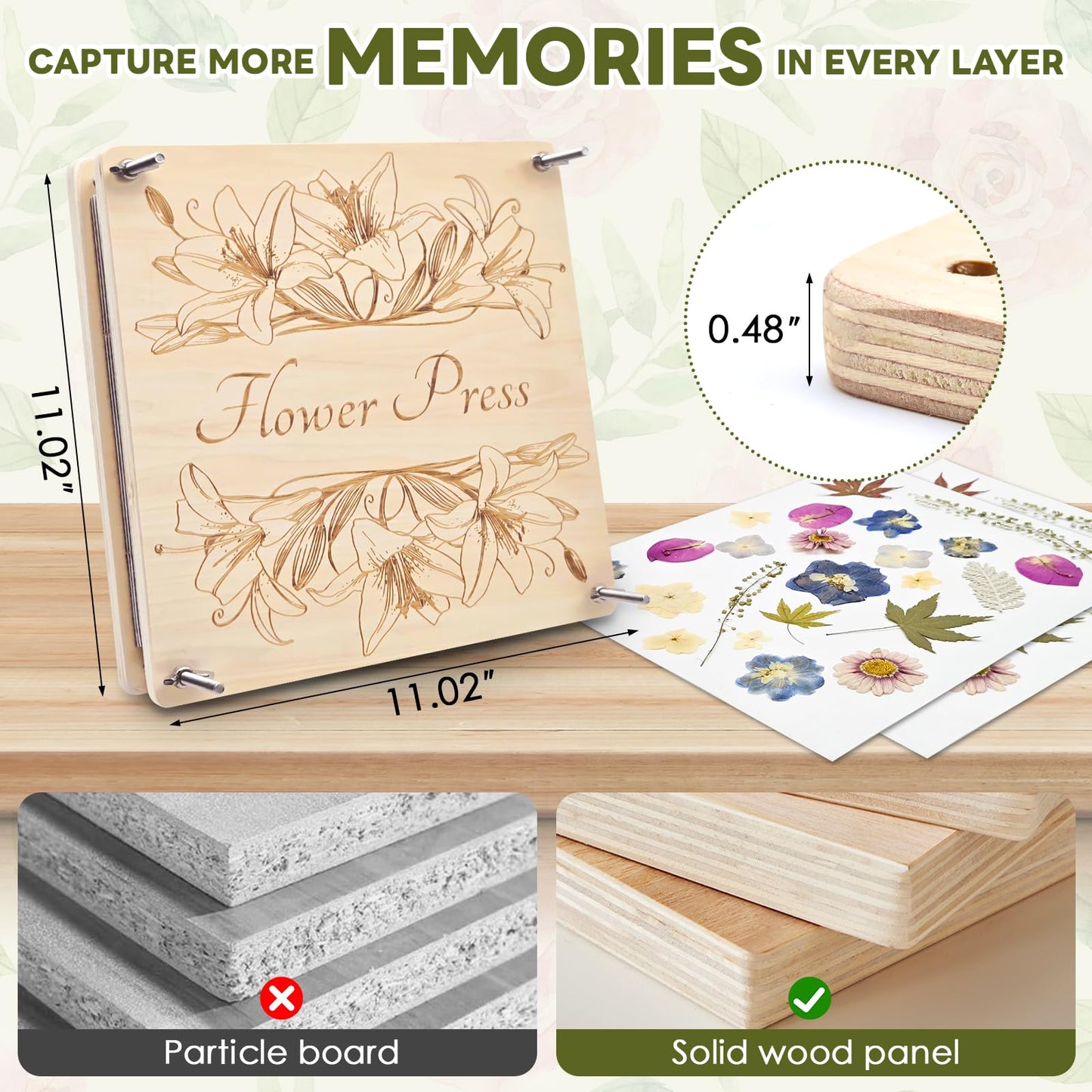 GTQYYF Premium Flower Press Kit, 11" x 11" Large Wooden Plant Press for Bouquet Preservation, 10-Layer Professional Press with Complete Tools & Storage Bag for Botanical Art & DIY Crafts