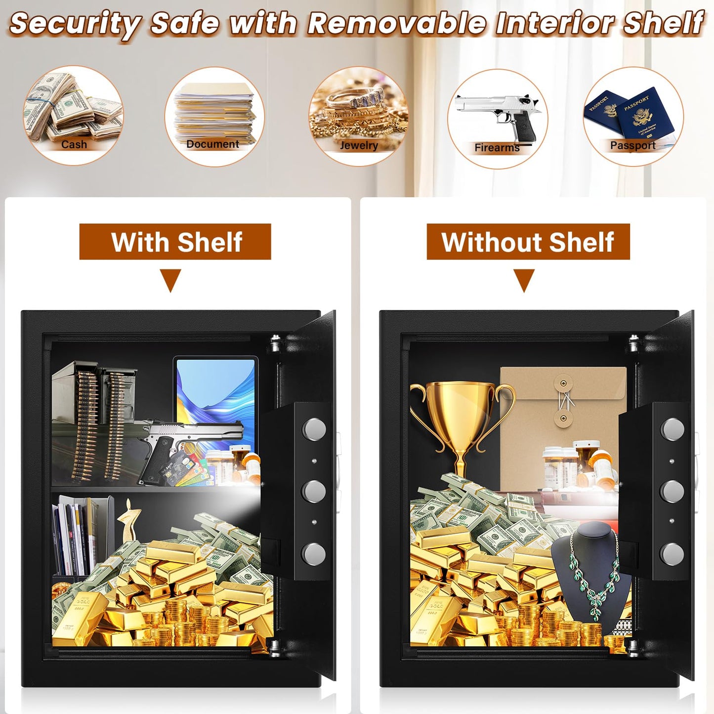2.8 Cu ft Large Home Safe Fireproof Waterproof, Fire proof Safe Box for Home Documents with Fireproof Bag, Programmable Keypad and Removable Shelf, Anti-Theft Safety Box for Money Medicines Jewelry