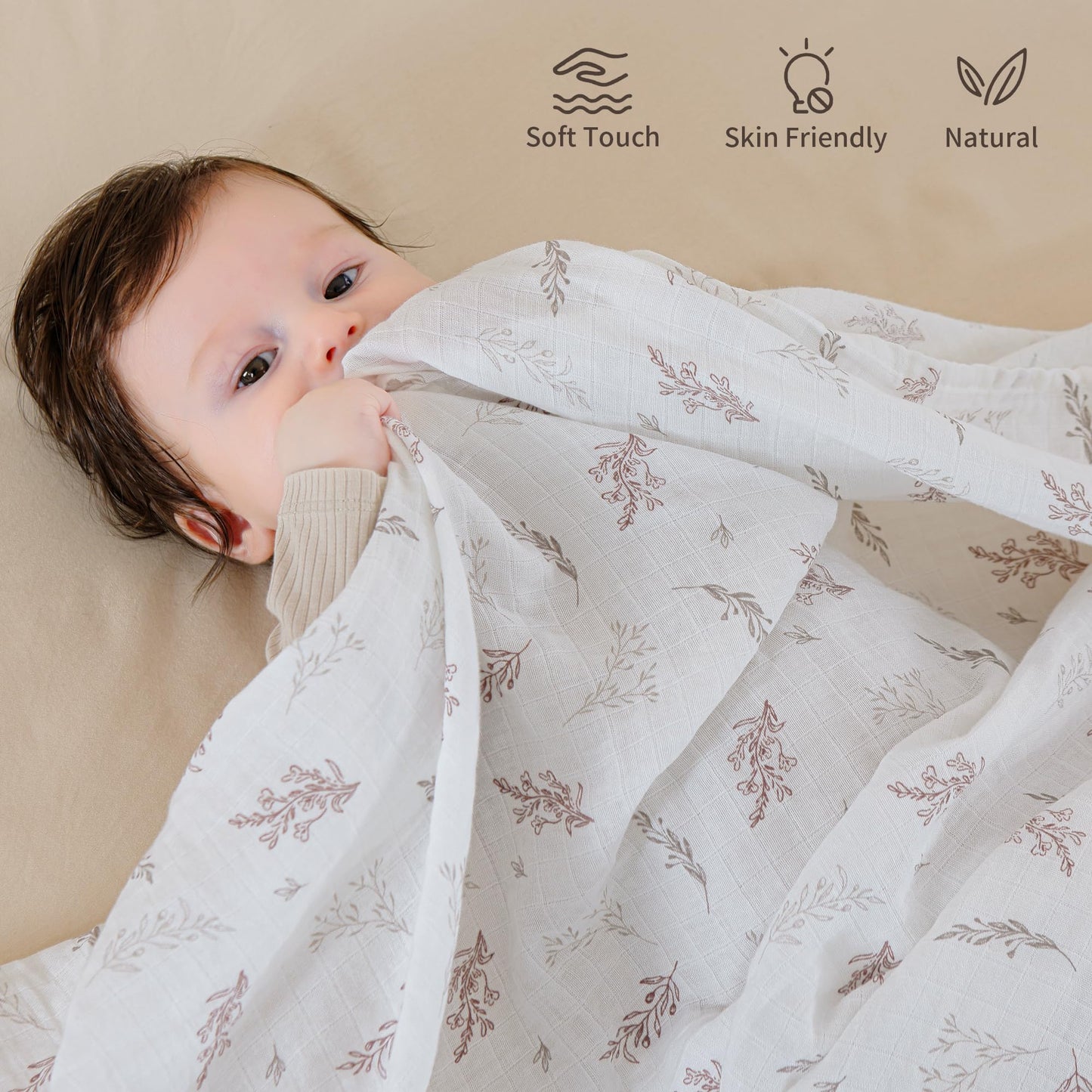 POMISO Muslin Swaddle Blankets for Boys and Girls, Soft Cotton Baby Swaddle Blankets for Unisex, 47 X 47 inches Muslin Swaddles, 4 Pack Leaves & Warmth Colors