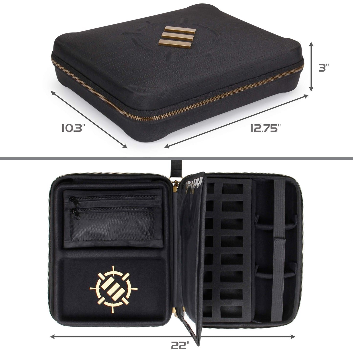 ENHANCE RPG Organizer Case - DND Binder with Built-in Character Sheet Holder and Erasable Scribe Panel, Dice Rolling Area, Removable Pen Pouch, Miniature Foam Tray, Wrist Strap, and More (Black)