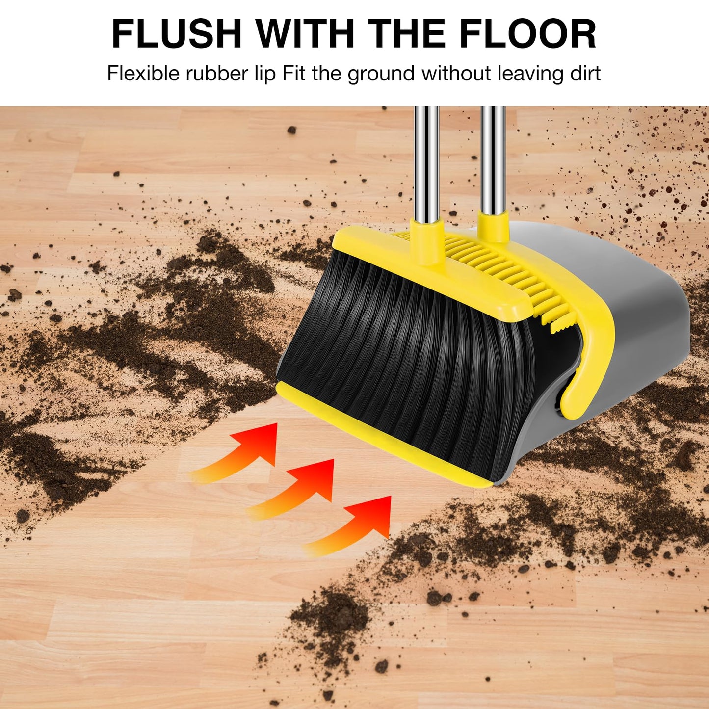 NACENA Broom and Dustpan Set, 52-in Long Adjustable Handle Broom Dustpan Combo with Dustpan Teeth to Automatically Clean Hair Suitable for Home Kitchen Office Hall Floor (Grey&Yellow), 4 Pack