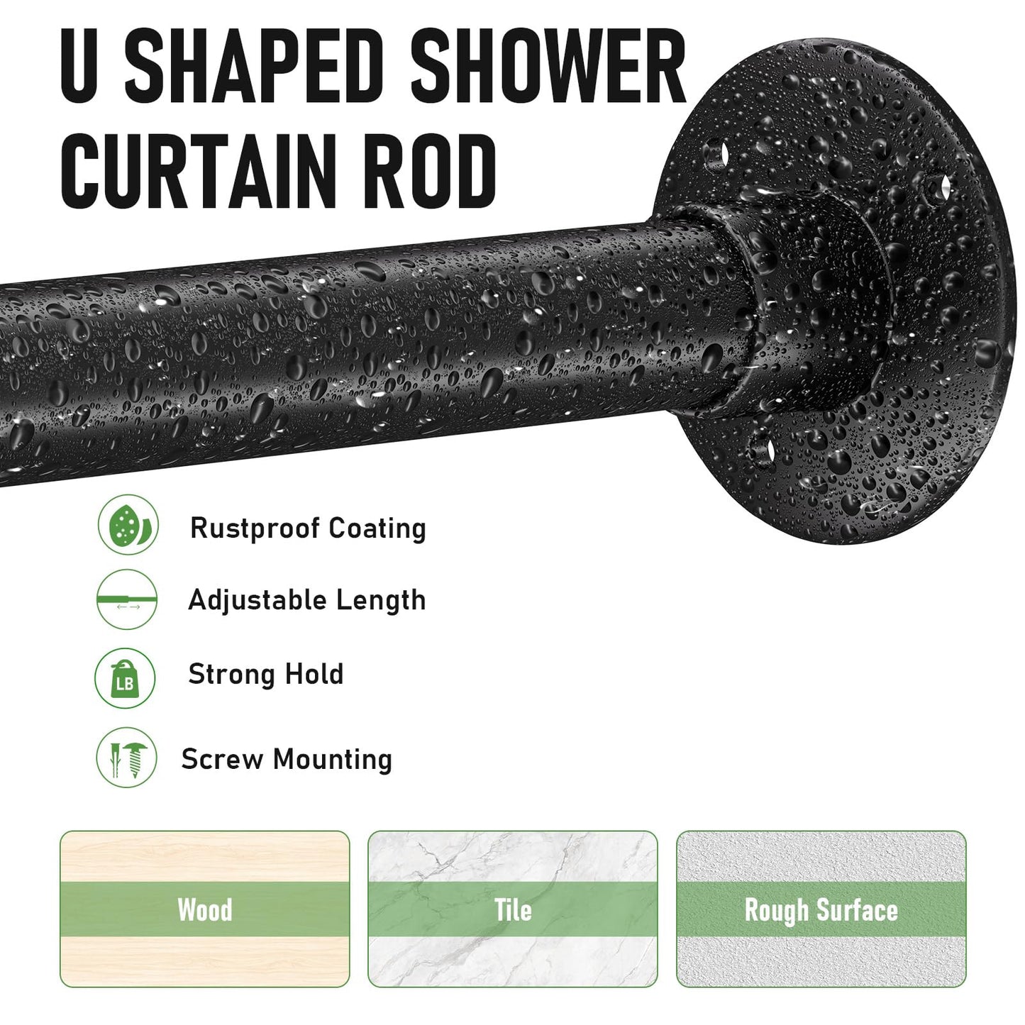 U Shaped Shower Curtain Rod, [Both Sides: 23"-52", Middle: 31"-46.5"] Adjustable U Shape Shower Rod Black Outdoor Corner Curtain Pole for Bathroom Bathtub with Ceiling Support & 12 Hooks