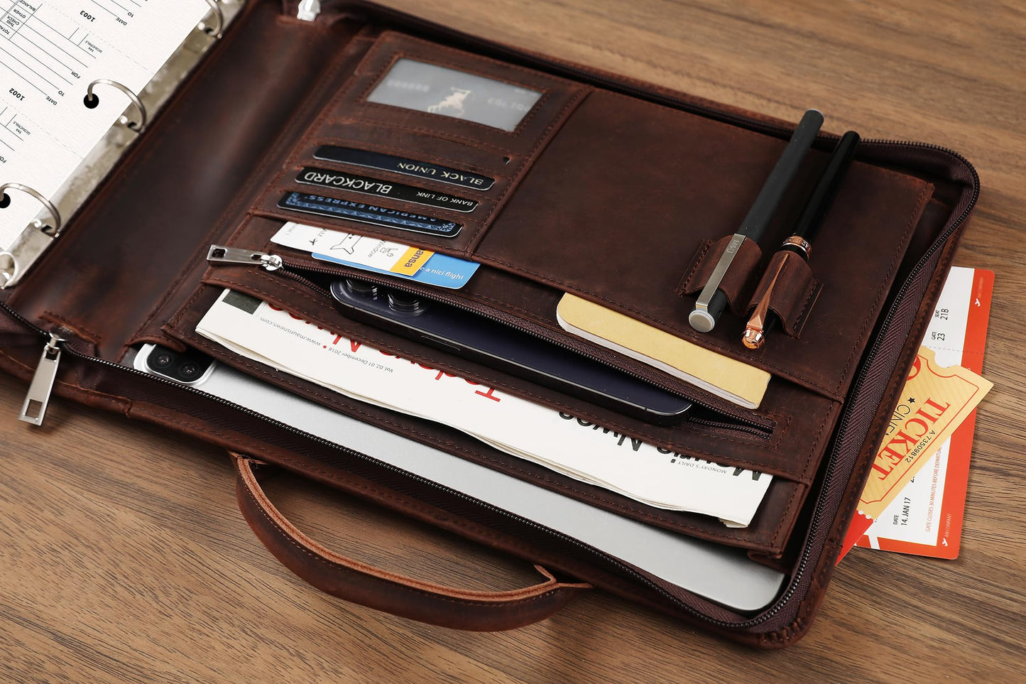 3 Ring Check Binder for 3 on a Page 9" x11 1/4" Check Holder, Zippered Business Checkbook Holder, 3 Ring Check Book Binder for Business Checks, Fit 3 & 9 Holes Check - Dark Kahki
