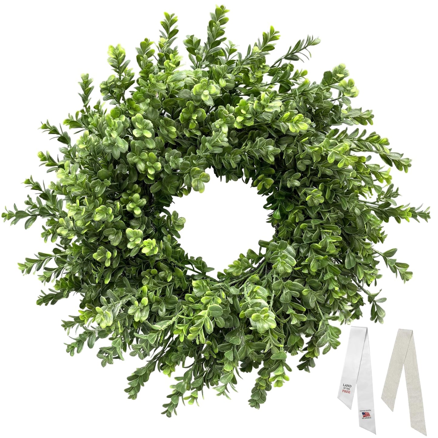 Presentastic 26 Inch Large Boxwood Wreaths for Front Door, Spring & Summer Artificial Wreath with Patriotic & Burlap Sash, Faux Greenery Year-Round Farmhouse Wedding Porch Window, Indoor Outdoor Decor