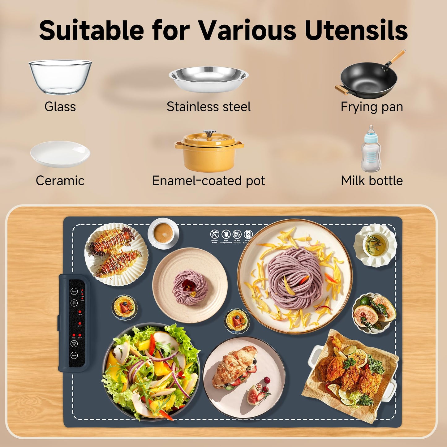 Food Warming Mat- Foldable Warming Mat for Food with Adjustable Temperature Control Time Moders Locking Function Electric Warming Tray for Parties,Home,Travel,Buffet Dark Blue
