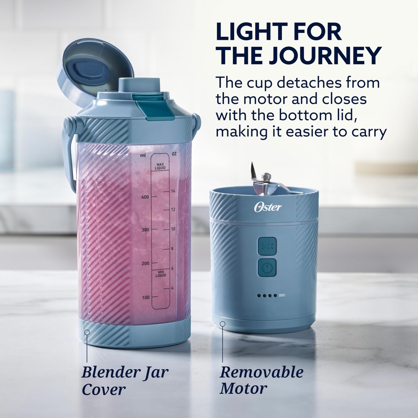 Oster GoMax Portable Blender, 20 oz Cordless Personal Blender for Smoothies & Shakes, USB-C Rechargeable, Anti-Jam Reversible Blade, Leak-Proof Travel Lid, Dishwasher Safe Parts, BPA-Free, Blue