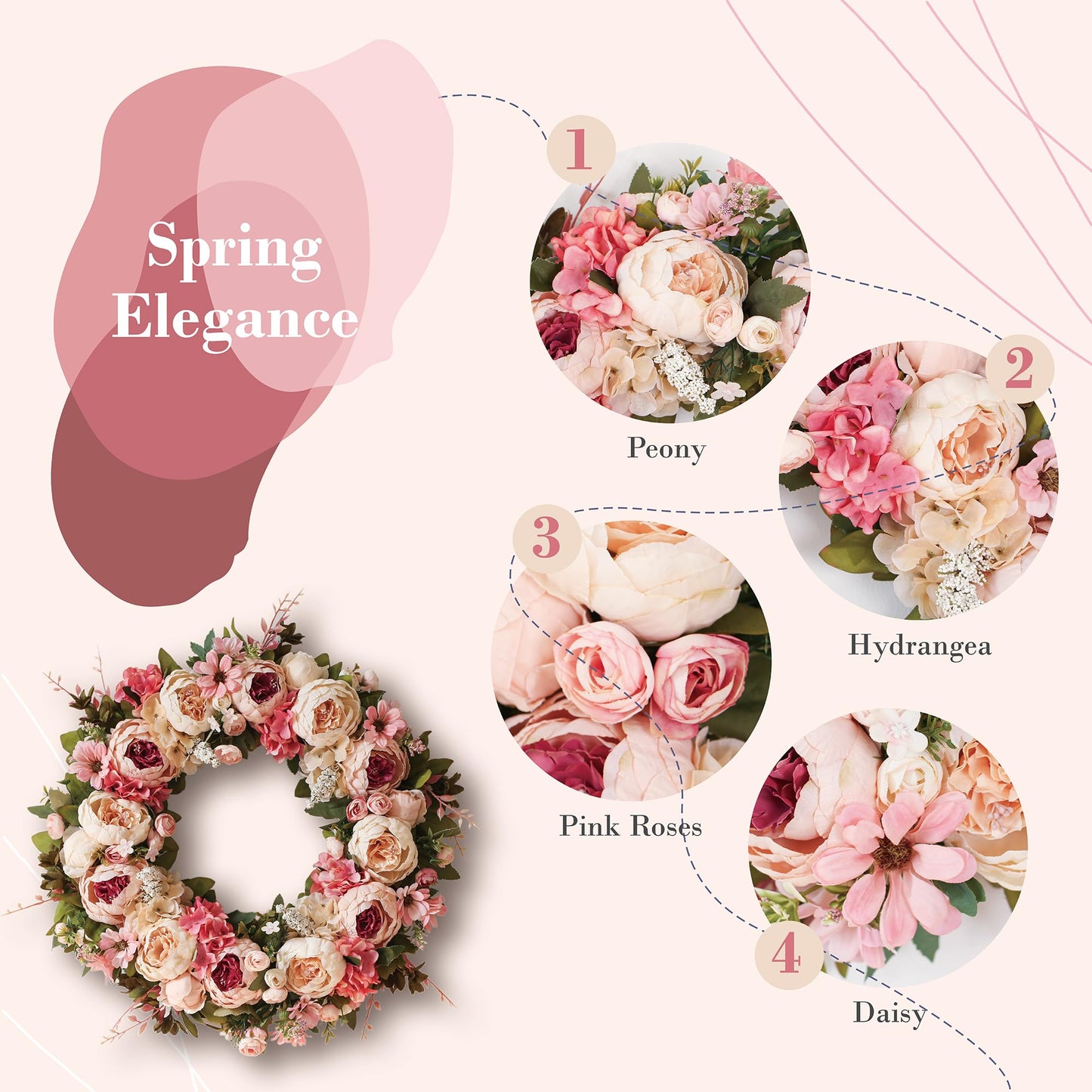 Peony Wreath 23'' Spring Wreaths for Front Door, Artificial Large Floral Wreath for Front Door Wall Decor, Valentine’s Day Home Wedding Housewarming Gift EZsenses (Light Pink)
