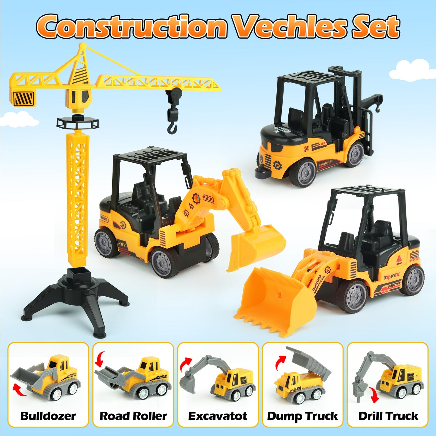 Sand Construction Site Kit - 37 Pcs Play Sand Art Kit with 8 Construction Trucks, Folding Sandbox, 2.2 lbs Magic Sand, Crane, Worker, Road Signs, Molds, Shovel - Ideal Toys for Boys Girls Age 3-8