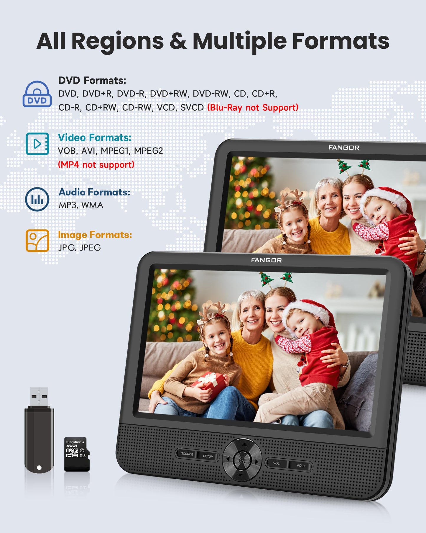 FANGOR 7.5’’ Dual Car DVD Player, Portable DVD Player for Car with 5H Battery, Last Memory, AV Out & in, Support USB/SD/Sync TV (1 Player+1 Monitor)