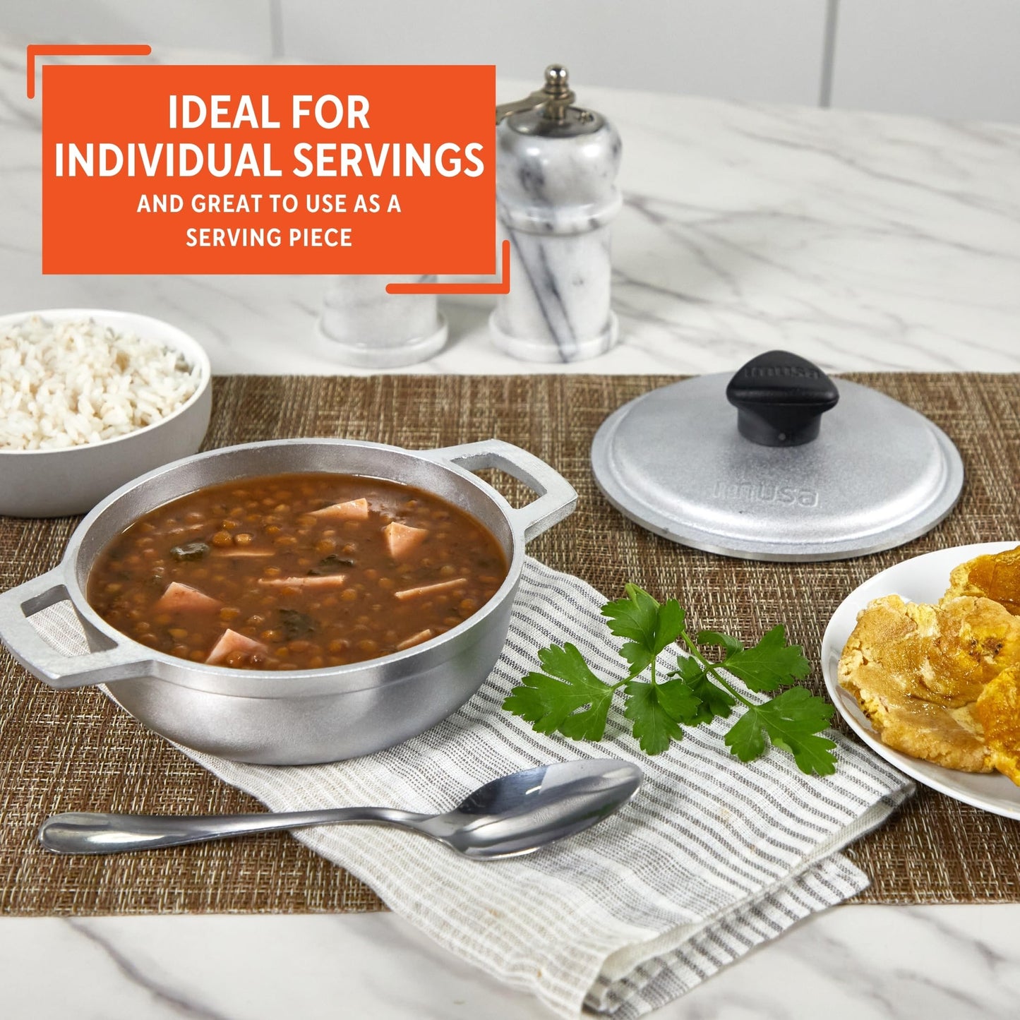 IMUSA USA 4 Piece 0.5Qt Traditional Colombian Mini Calderos (Dutch Oven) for Cooking and Serving, Silver