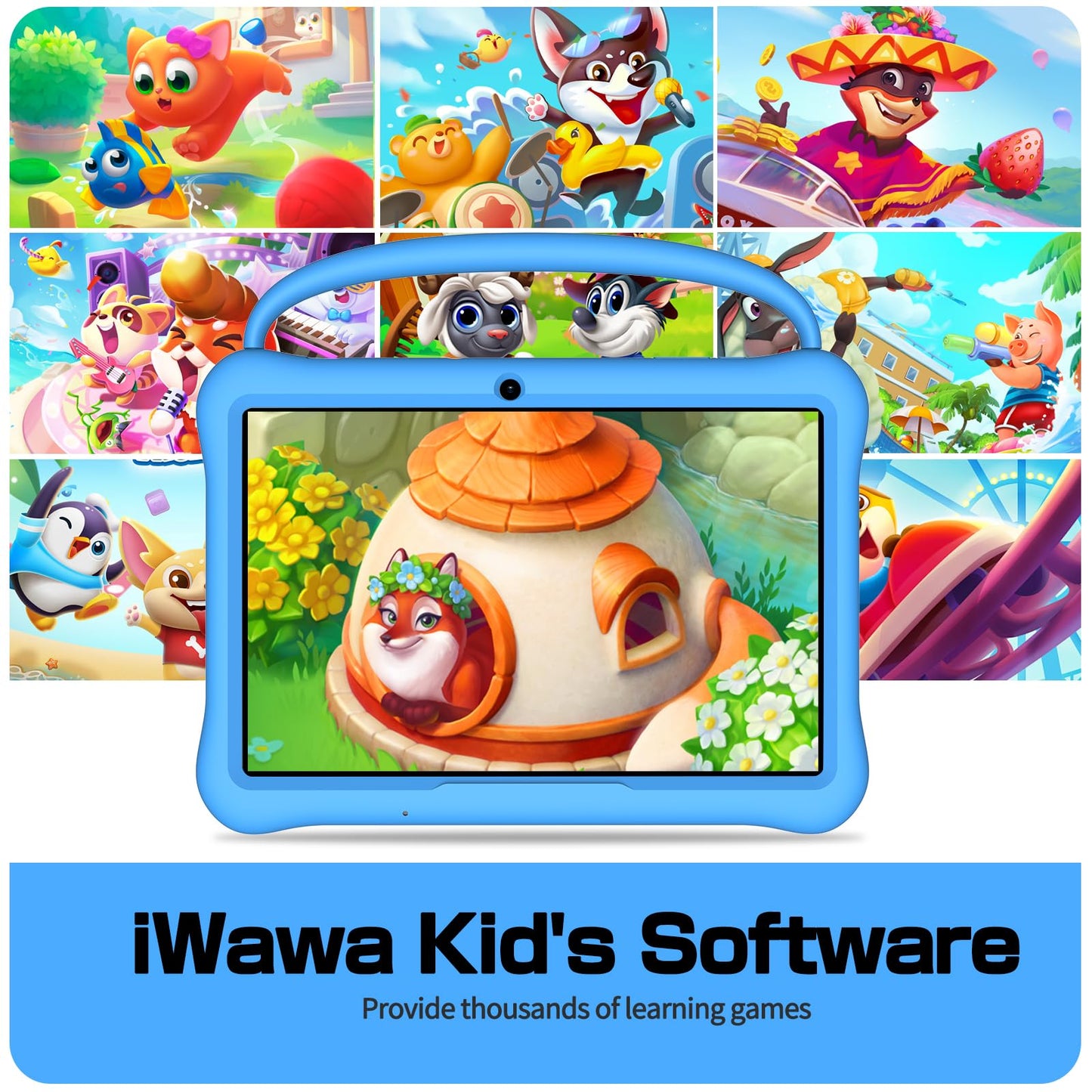 NEWISION 10 inch Kids Tablet, Android 13 Tabletas for Kids 2GB+64GB, Toddler Tablets with Case, 6000mAh, Bluetooth 5.0, WiFi,iWawa Pre Installed, Parental Control,Educational Games（Blue）