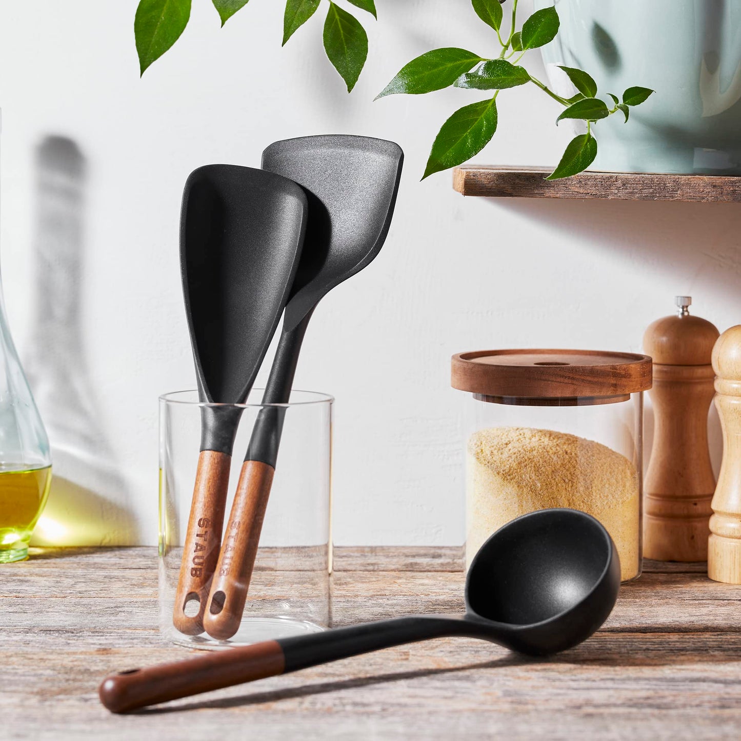 STAUB Silicone with Wood Handle 3-pc Cooking Utensil Set, Matte Black