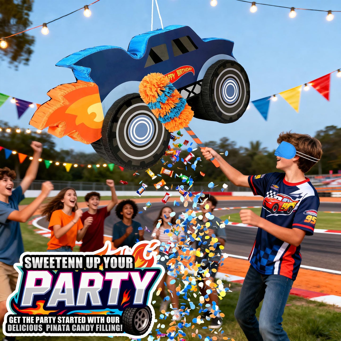 27" Race Car Piñata, Monster Truck Pinata Bundle with Blindfold and Bat Party Favors for Kids Boys Exciting Party Games Supplies