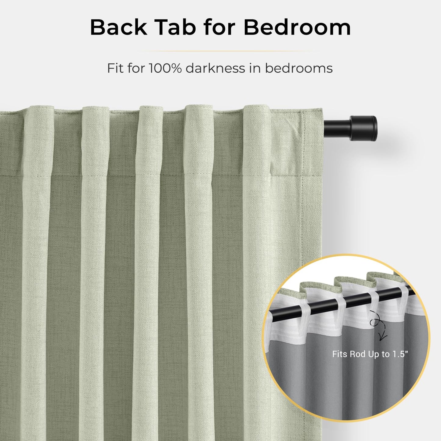 INOVADAY 100% Blackout Curtains for Bedroom, Black Out Curtains 84 Inch Long, Clip Rings Linen Blackout Drapes, Thermal Insulated Room Darkening for Living Room, 2 Panels - Sage,W50xL84