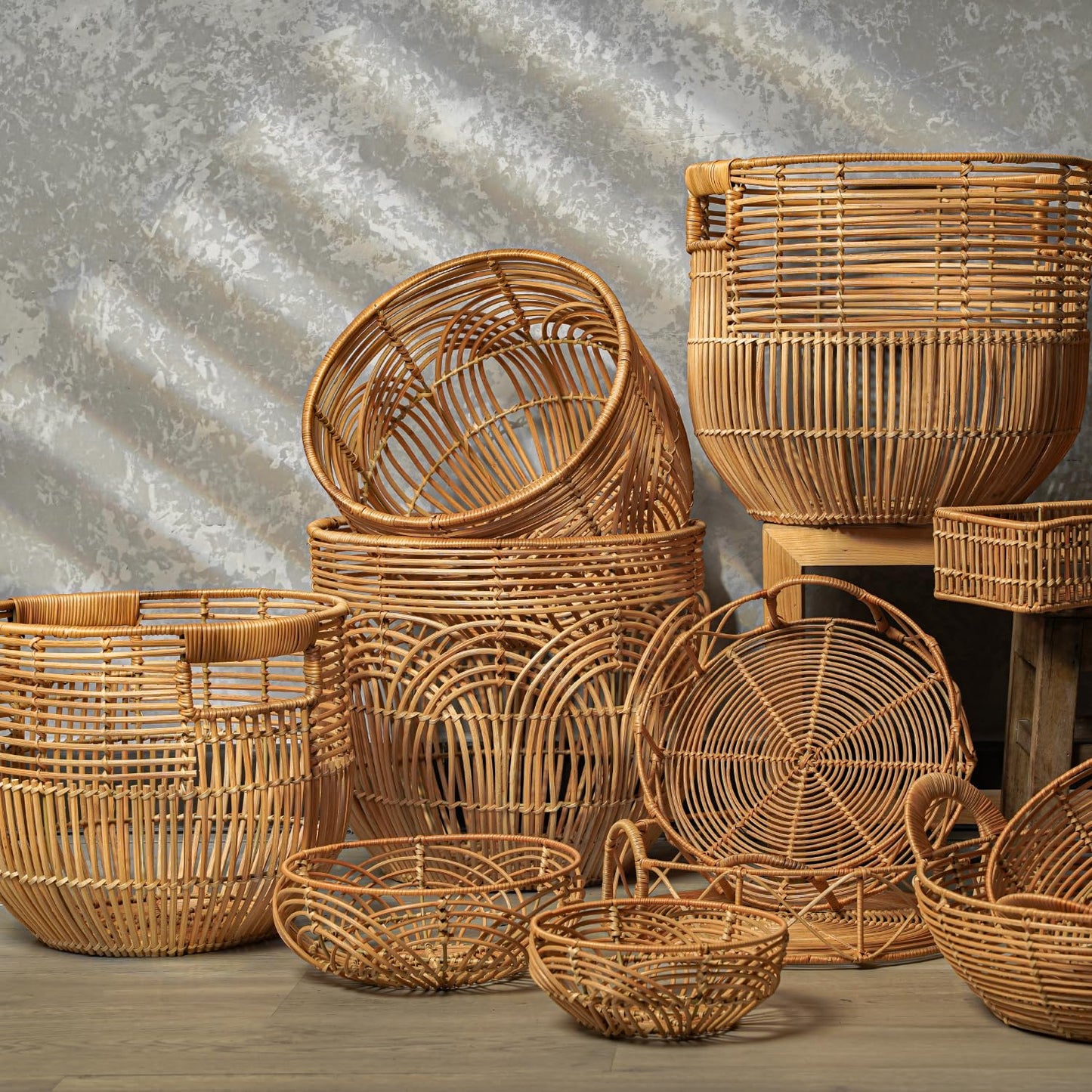 X AVIA HANDICRAFTS Set Of 2 Large Woven Blanket Baskets With Handles | Round Wicker Rattan Storage Floor Baskets for Shoe In Living Room | Extra Big Boho Rattan Laundry For Pillow, Blanket